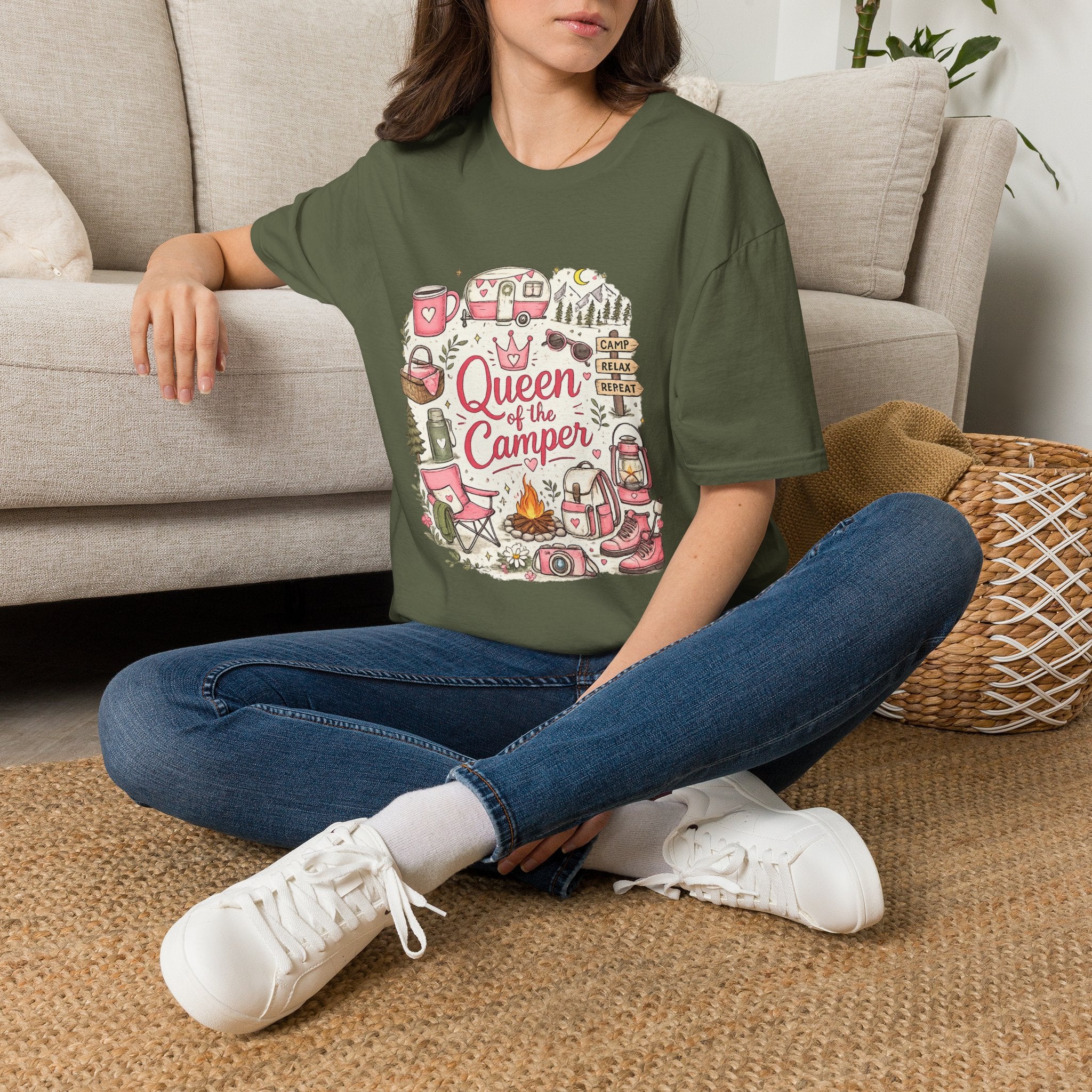 Queen of the Camper T-Shirt — Cute Pink Camping RV Graphic Tee for Women