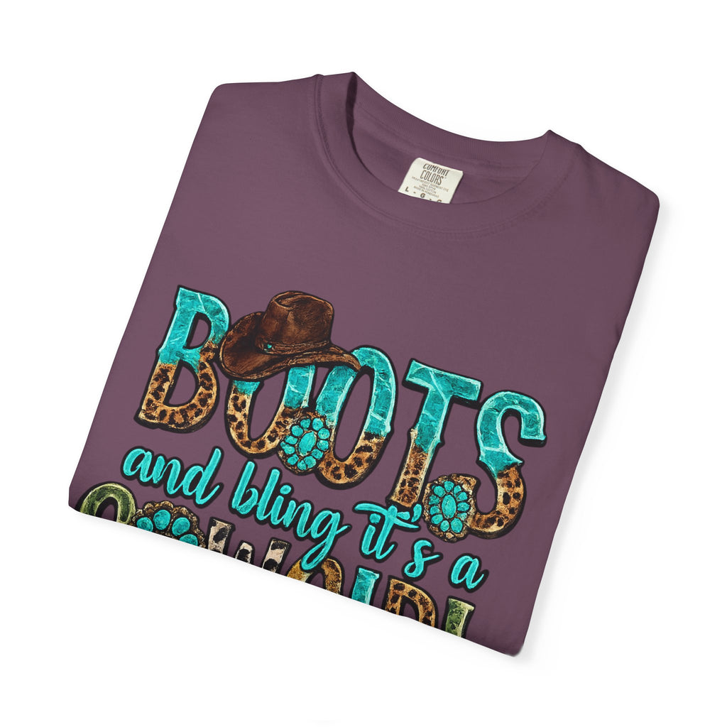Cowgirl Boots Graphic T-Shirt — "Boots and Bling It's a Cowgirl Thing"