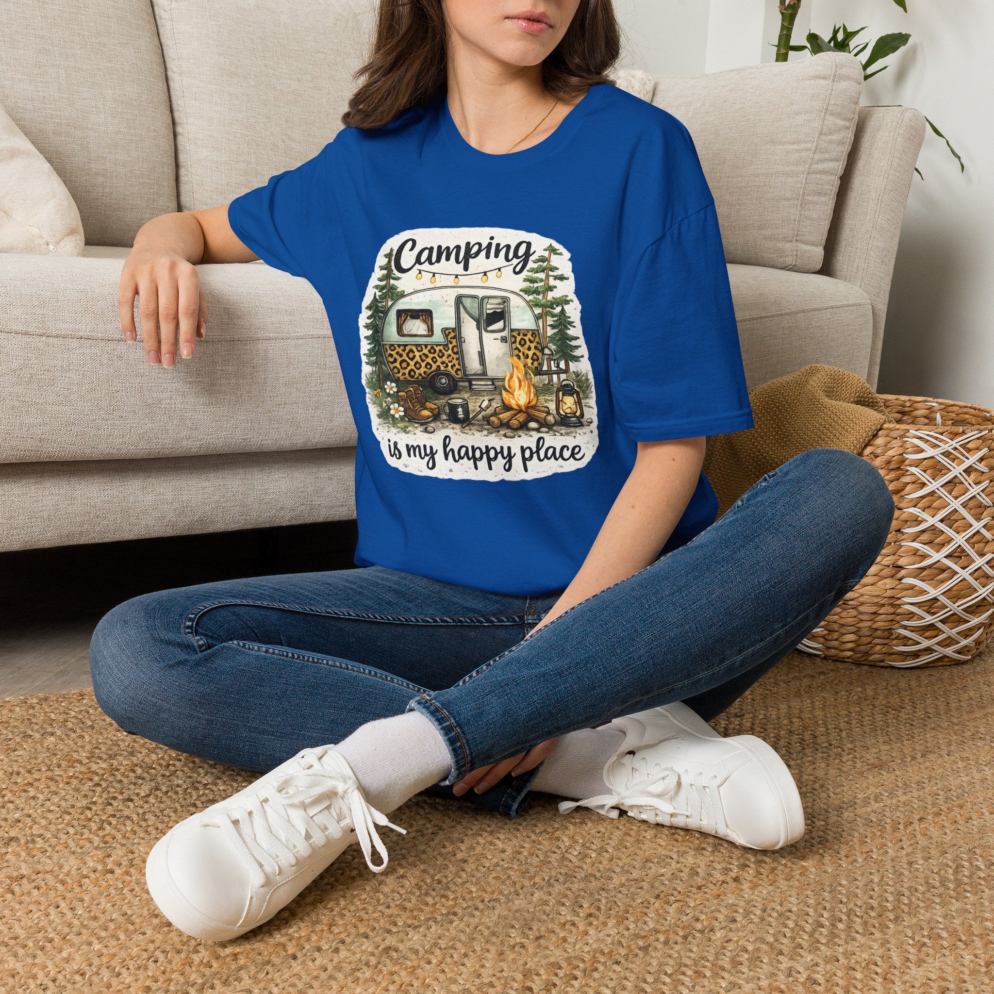 Camping Is My Happy Place T‑Shirt — Leopard Camper Graphic Tee