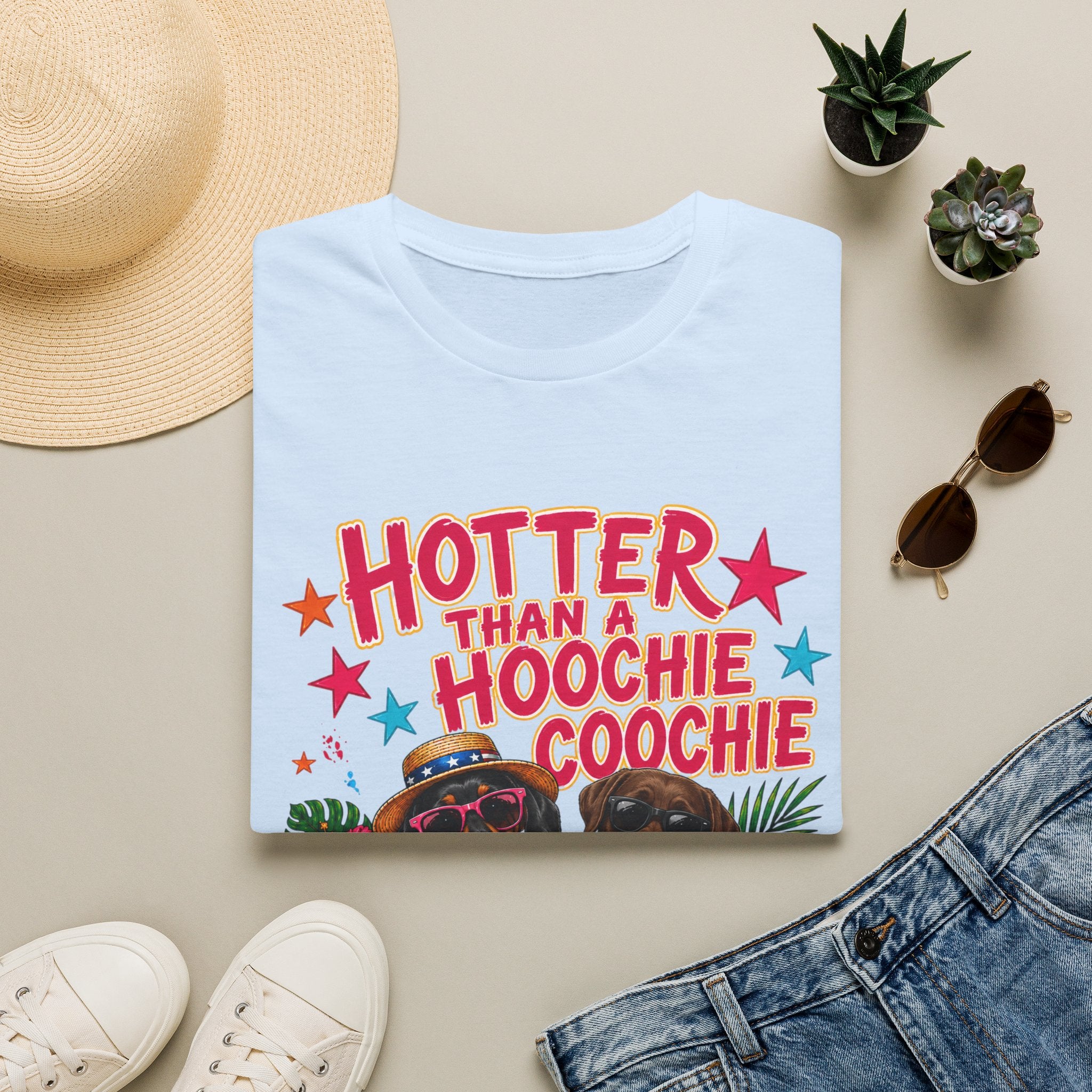 Hotter Than a Hoochie Coochie T-Shirt — Funny Summer Graphic Tee with Dogs