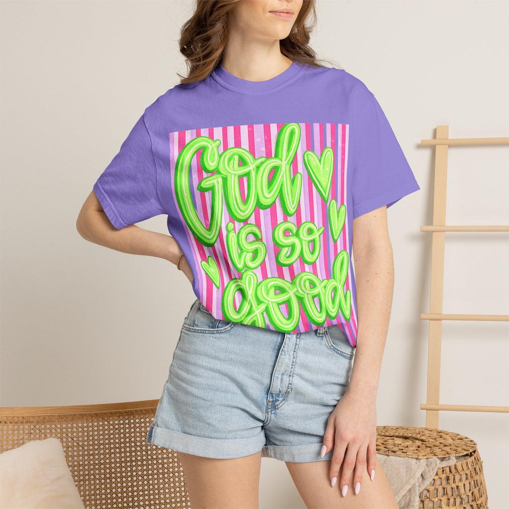 God Is So Good T-Shirt — Neon Green Script on Pink Stripe Christian Tee