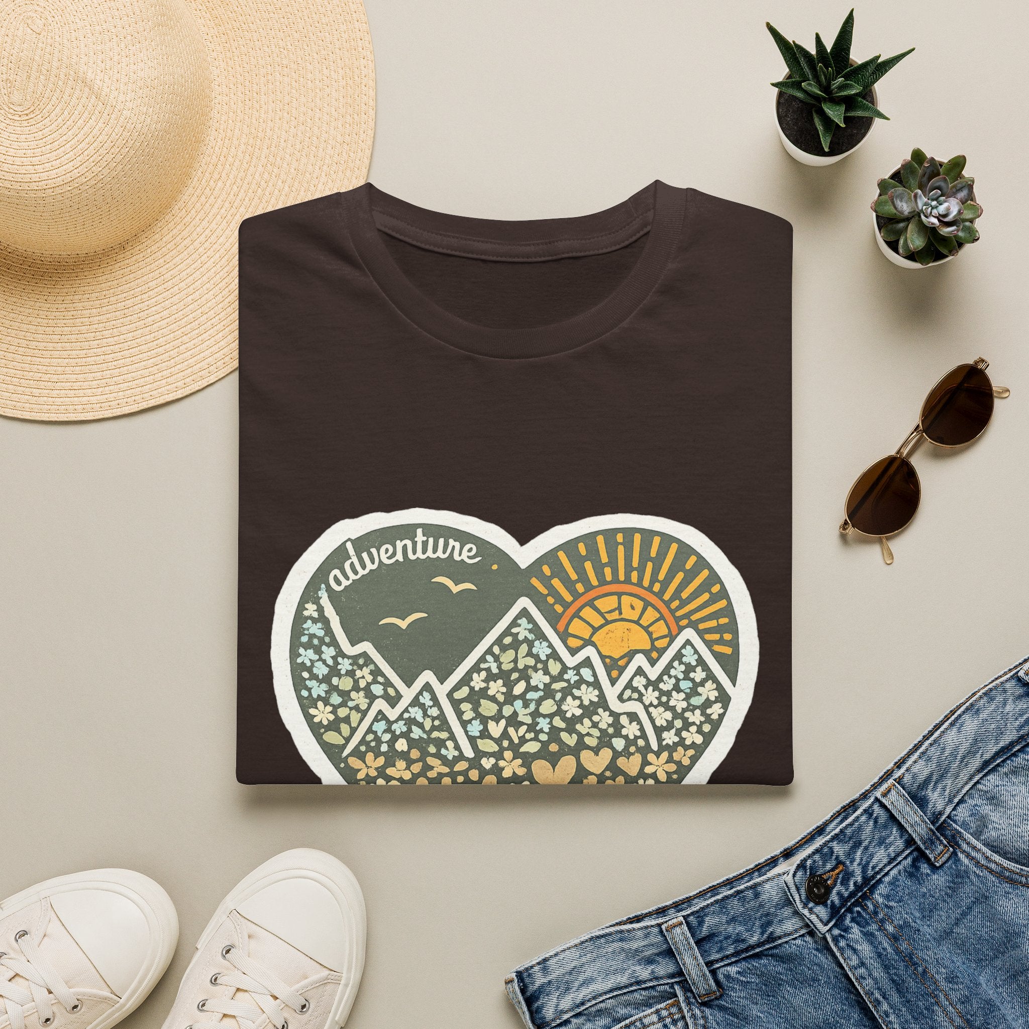 Adventure Heart Mountain T‑Shirt — Sunrise Nature Graphic Tee for Hikers & Outdoor Lovers