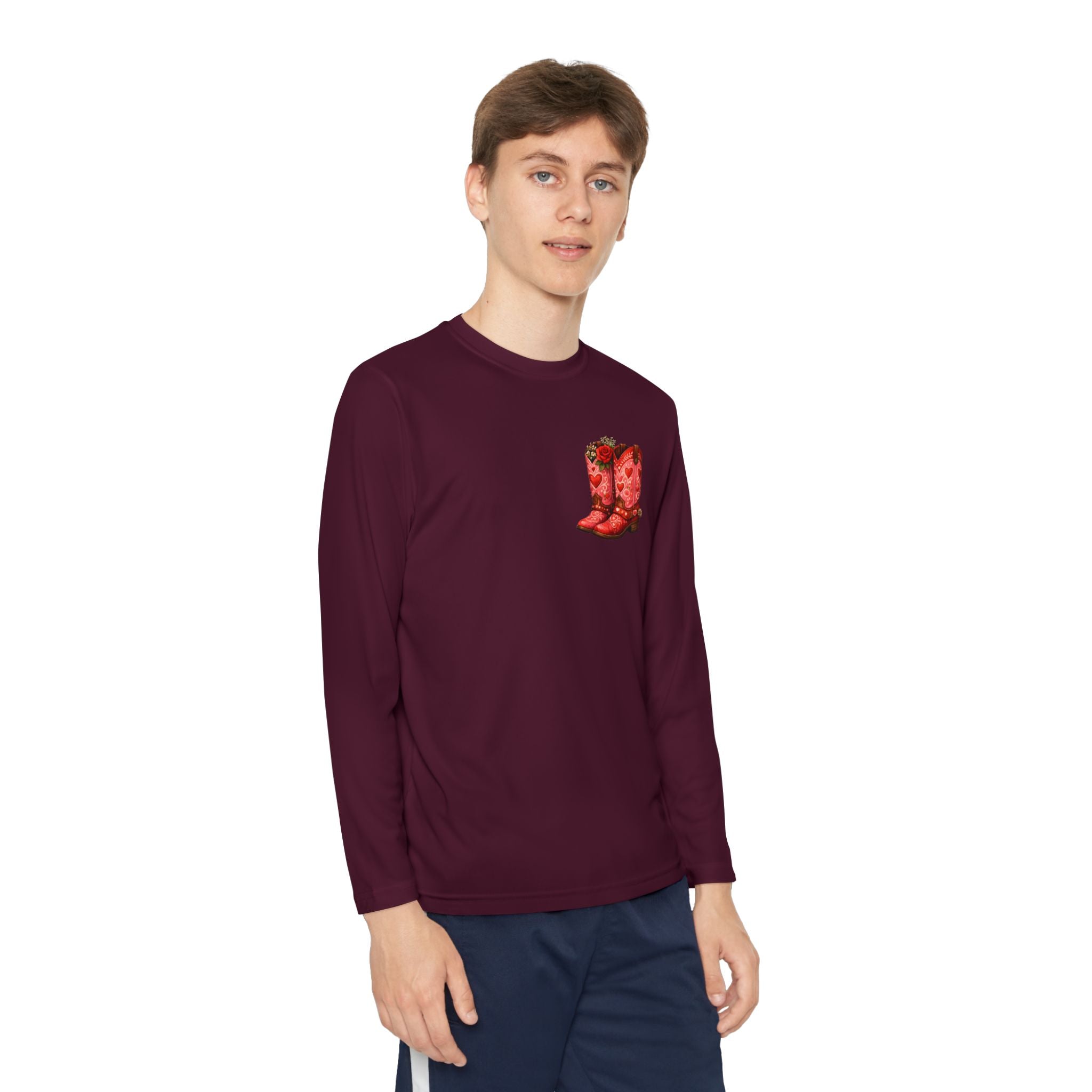 Youth Long Sleeve Tee — “All a Girl Needs is a Right Pair of Boots” Cowboy Boots Graphic