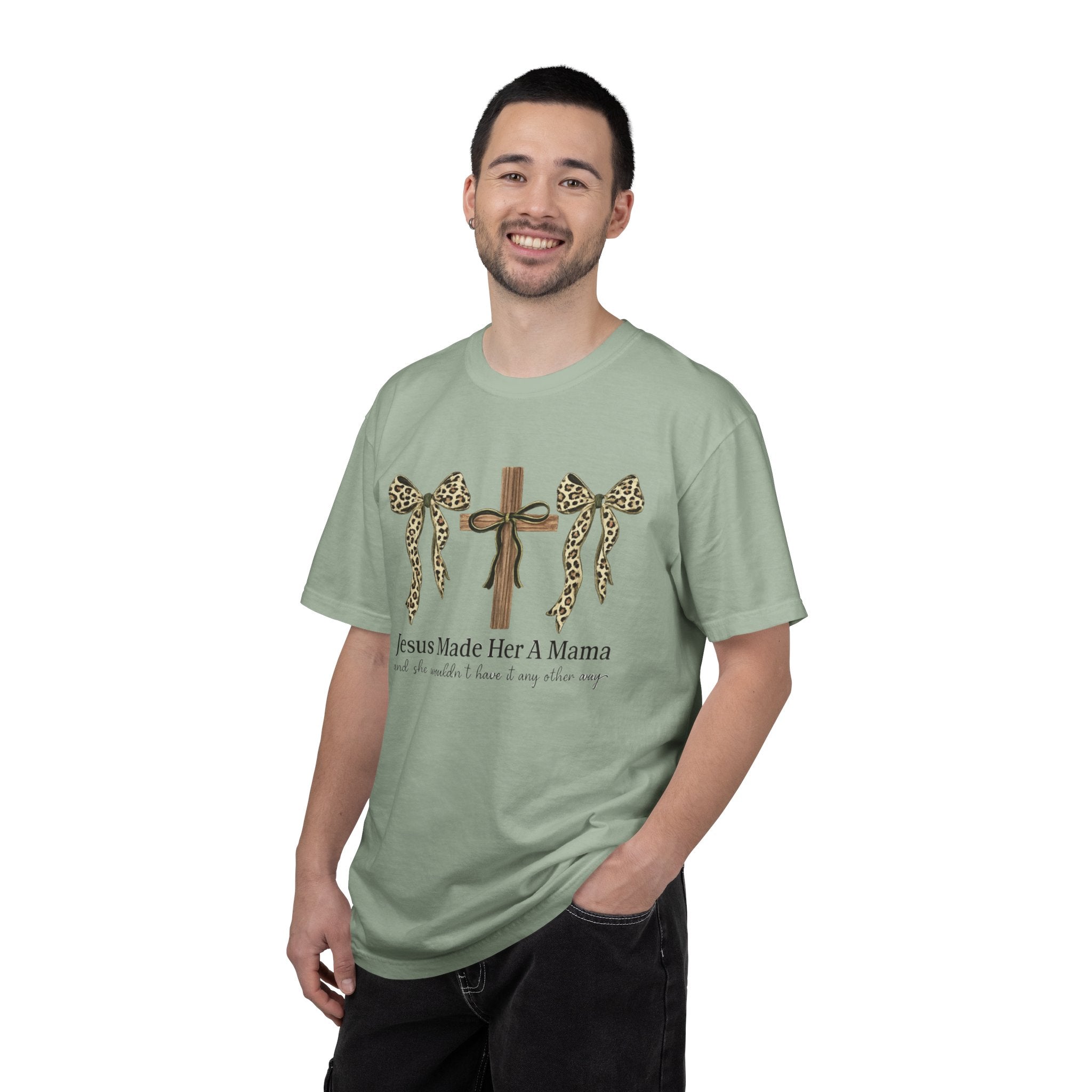 Jesus Made Her a Mama Cross T‑Shirt — Leopard Bow Christian Mother's Day Tee