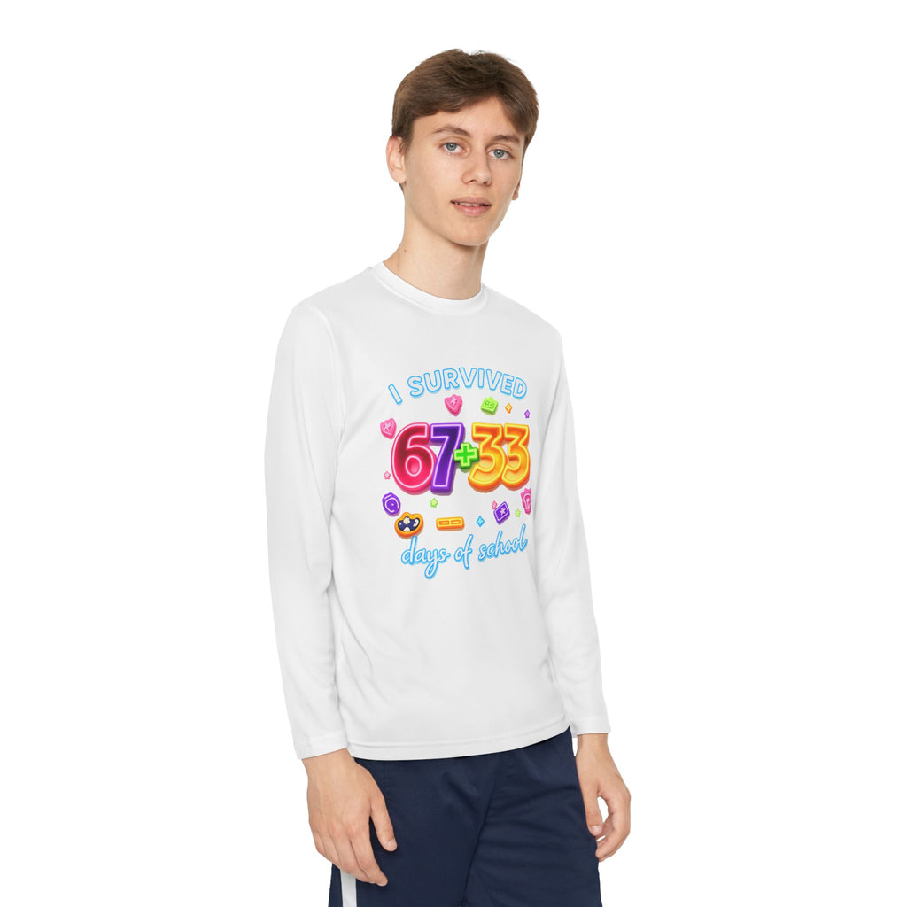 Youth Long Sleeve Tee — "I Survived 67+33 Days of School" Colorful Celebration Shirt