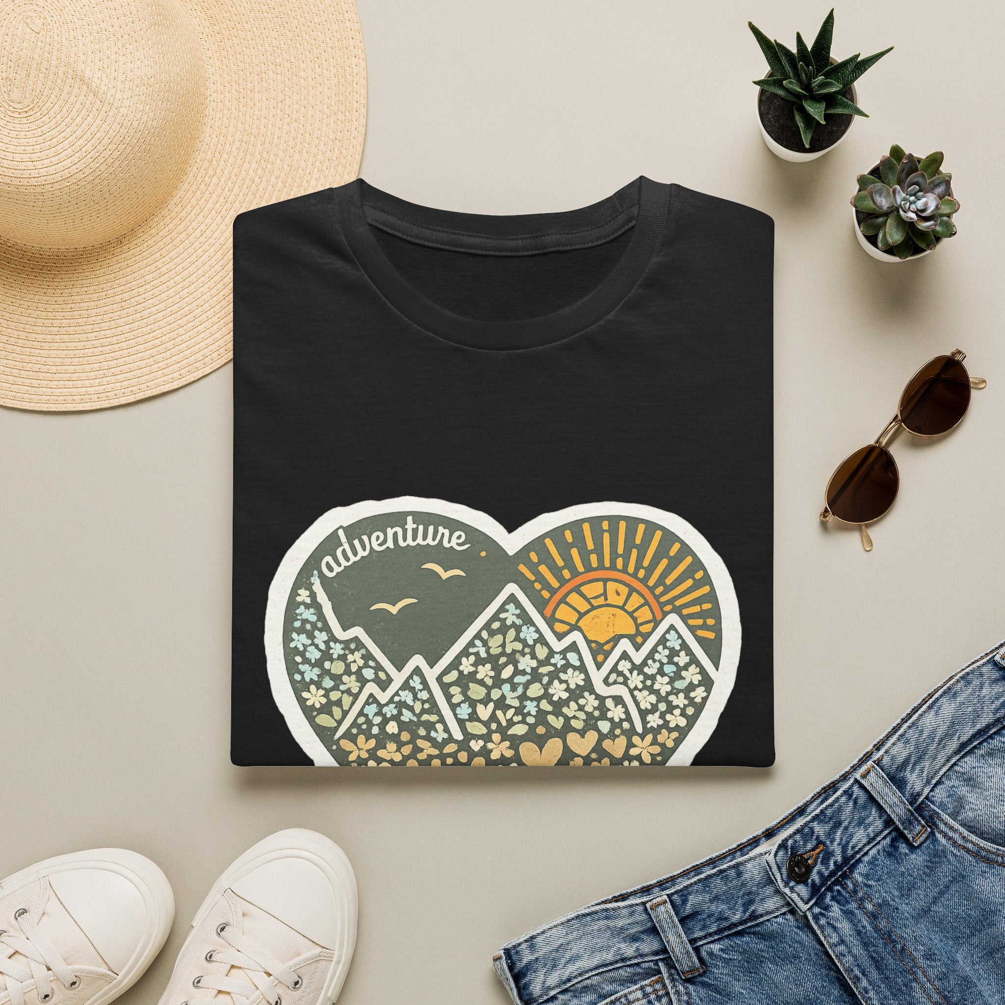 Adventure Heart Mountain T‑Shirt — Sunrise Nature Graphic Tee for Hikers & Outdoor Lovers
