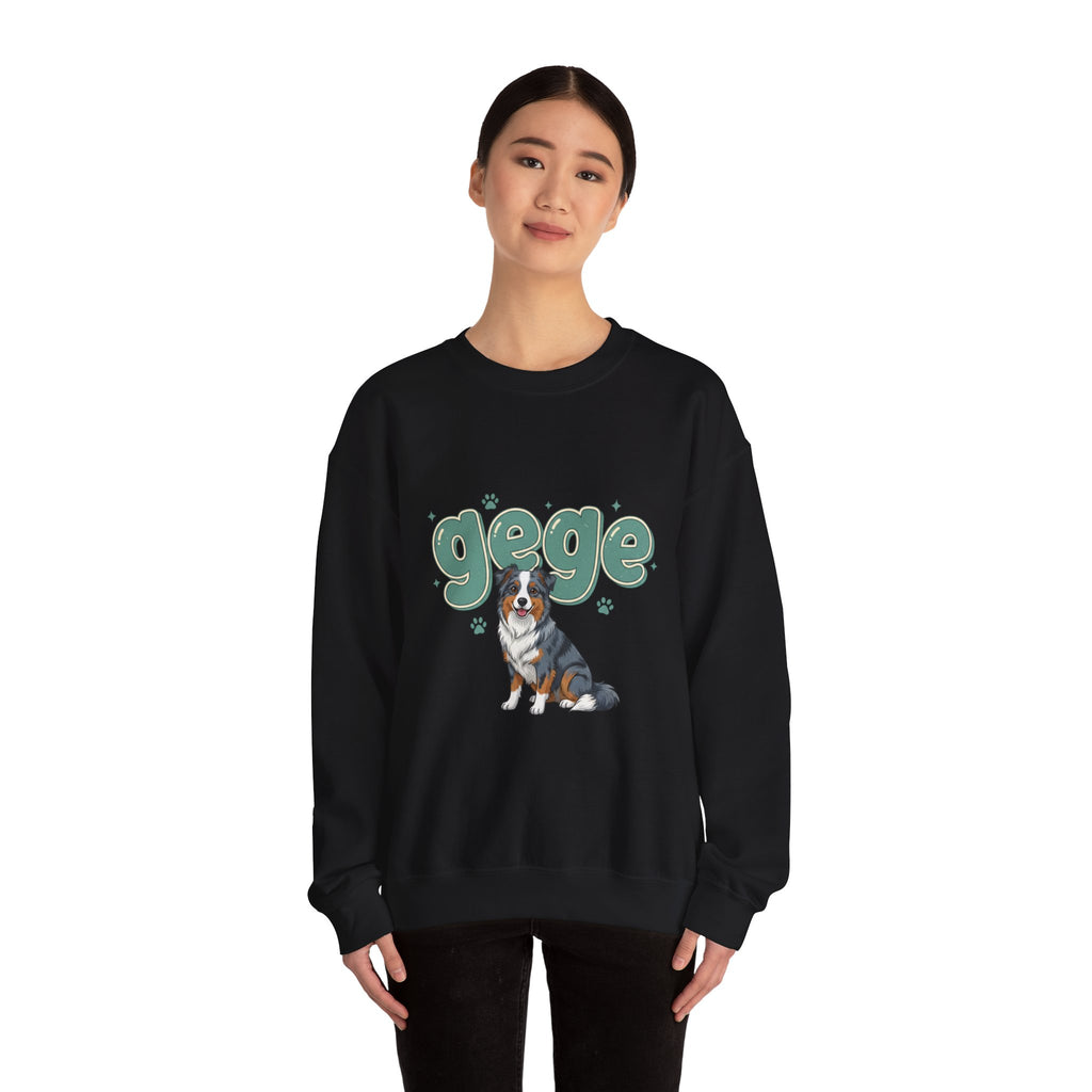 Crewneck Sweatshirt — Cute "gege" Design with Australian Shepherd Illustration