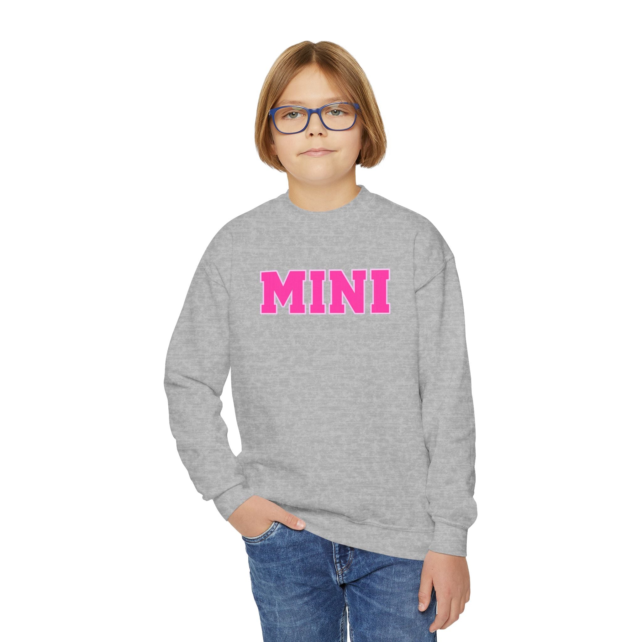 MINI Youth Crewneck Sweatshirt — Pink Chunky Lettering Kids Pullover