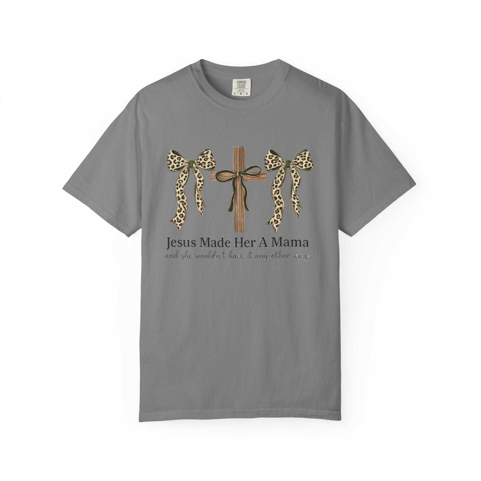 Jesus Made Her a Mama Cross T‑Shirt — Leopard Bow Christian Mother's Day Tee