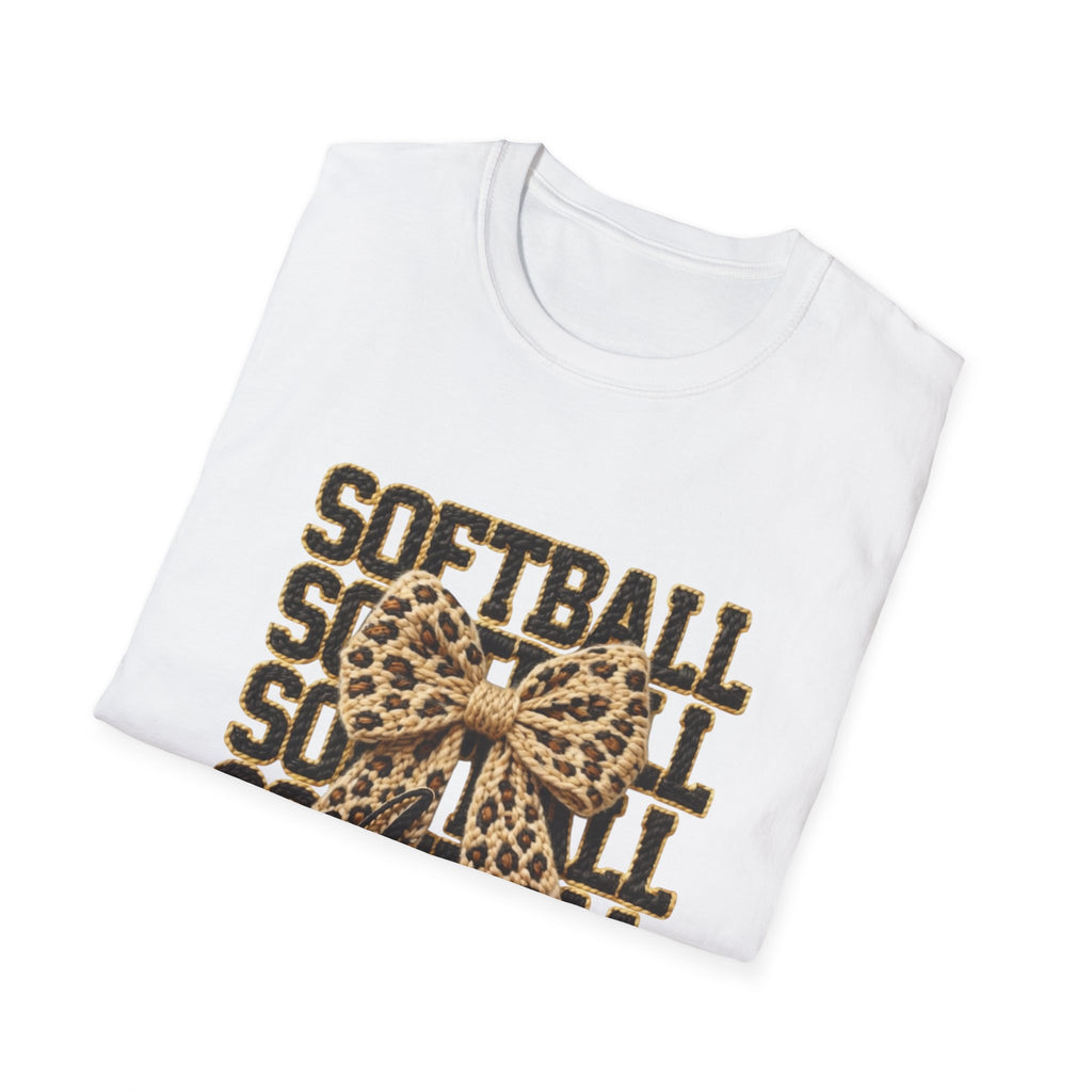 Softball Mom Leopard Bow T-Shirt – 'Softball Squad' Graphic Tee