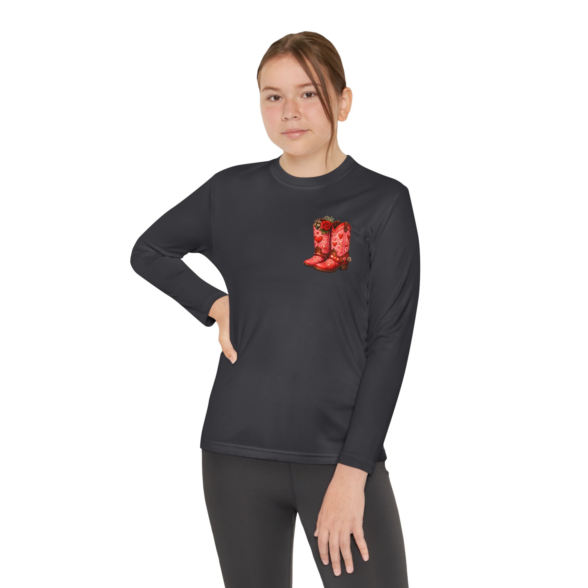 Youth Long Sleeve Tee — “All a Girl Needs is a Right Pair of Boots” Cowboy Boots Graphic