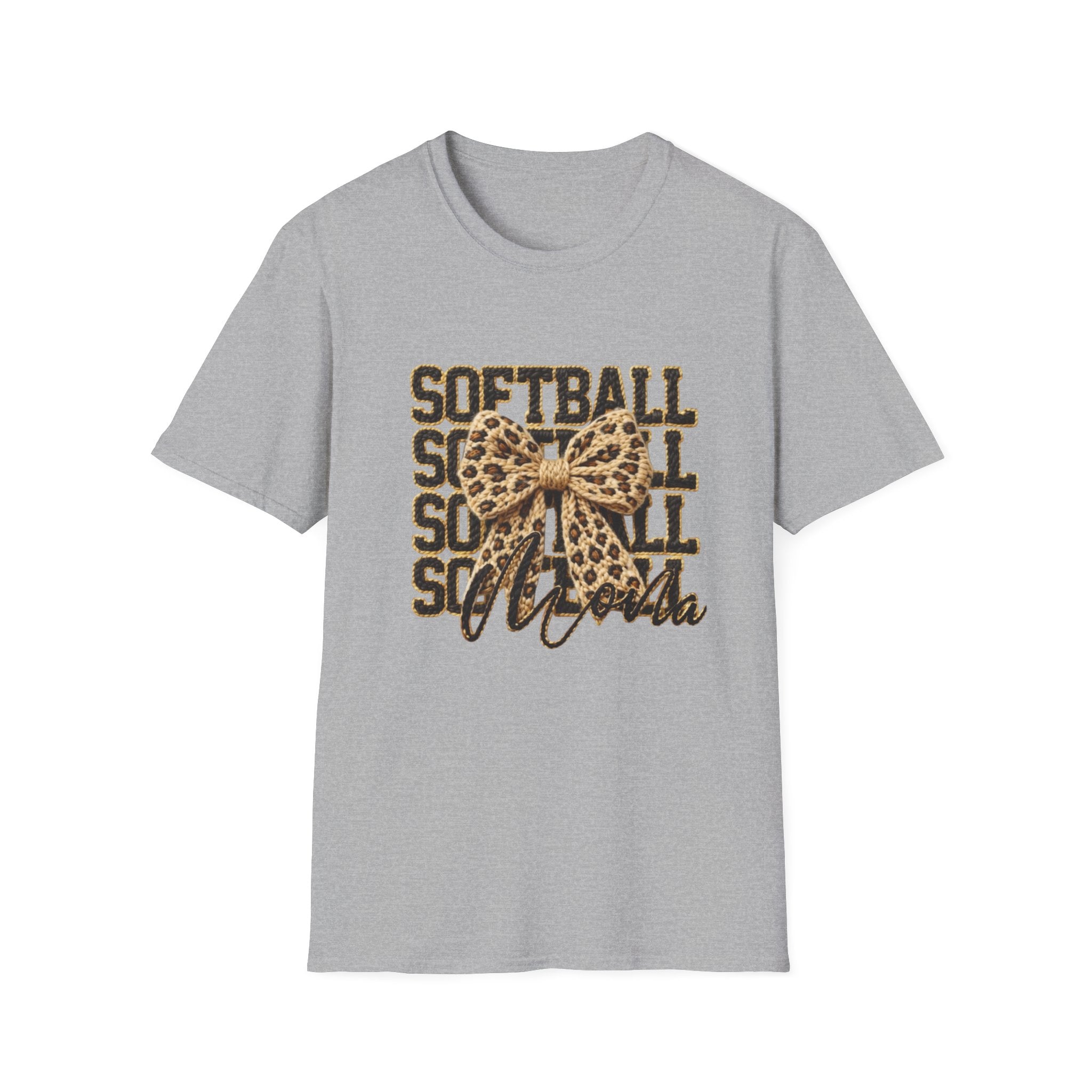 Softball Mom Leopard Bow T-Shirt – 'Softball Squad' Graphic Tee