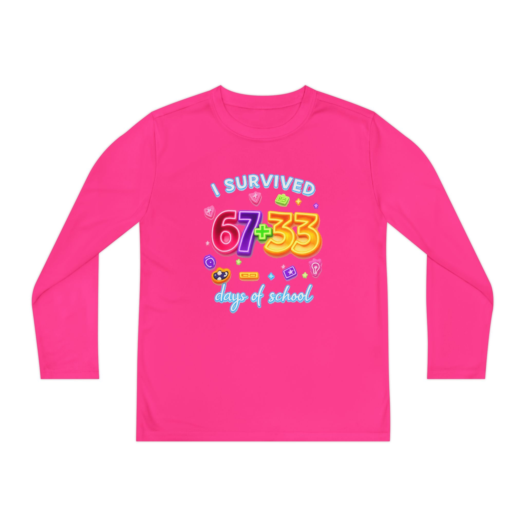 Youth Long Sleeve Tee — "I Survived 67+33 Days of School" Colorful Celebration Shirt