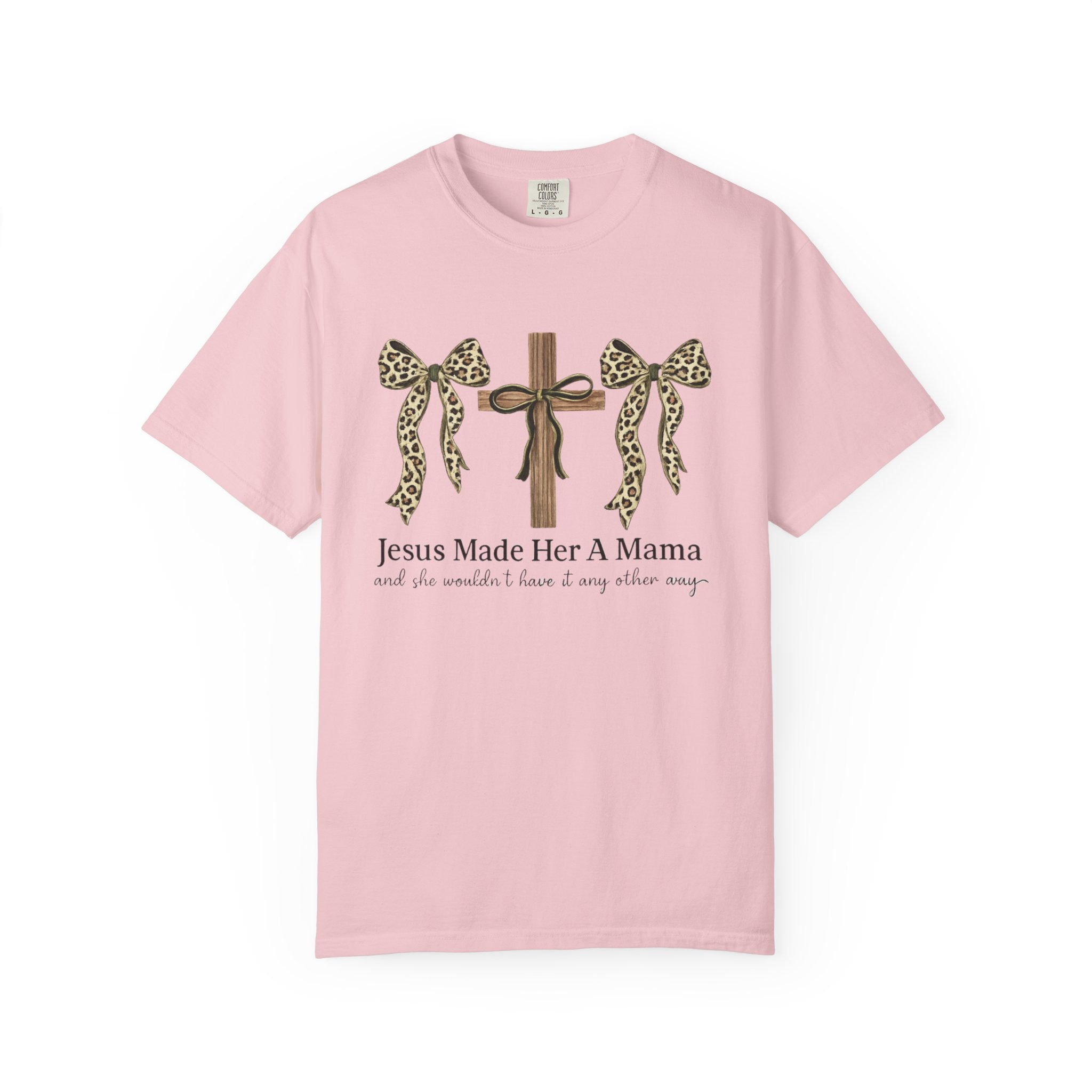 Jesus Made Her a Mama Cross T‑Shirt — Leopard Bow Christian Mother's Day Tee