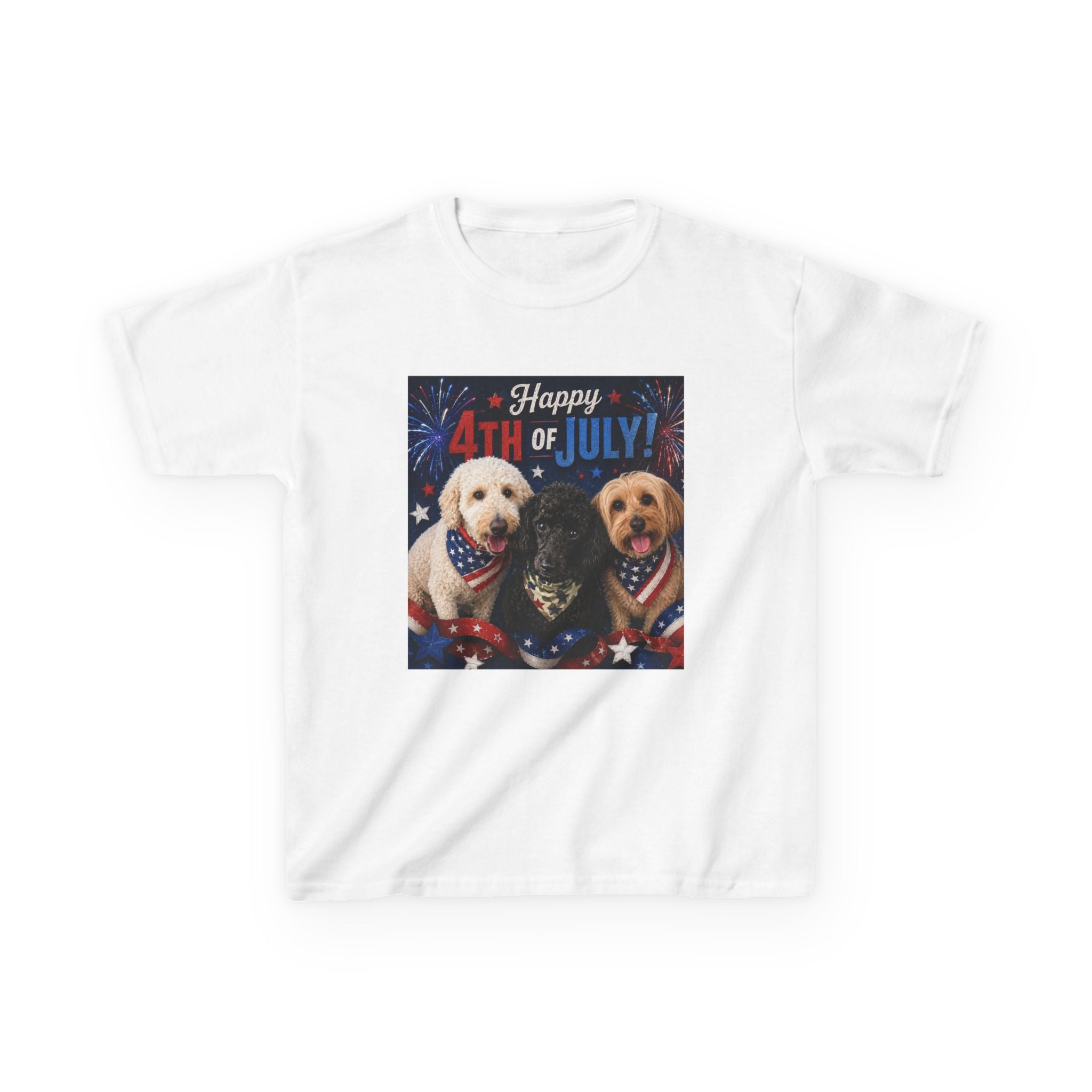 4th of July Kids Tee – Patriotic Dogs "Happy 4th of July"