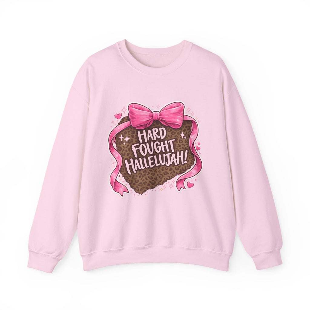 Crewneck Sweatshirt — "Hard Fought Hallelujah" Heart Graphic (Pink Bow, Leopard Print)