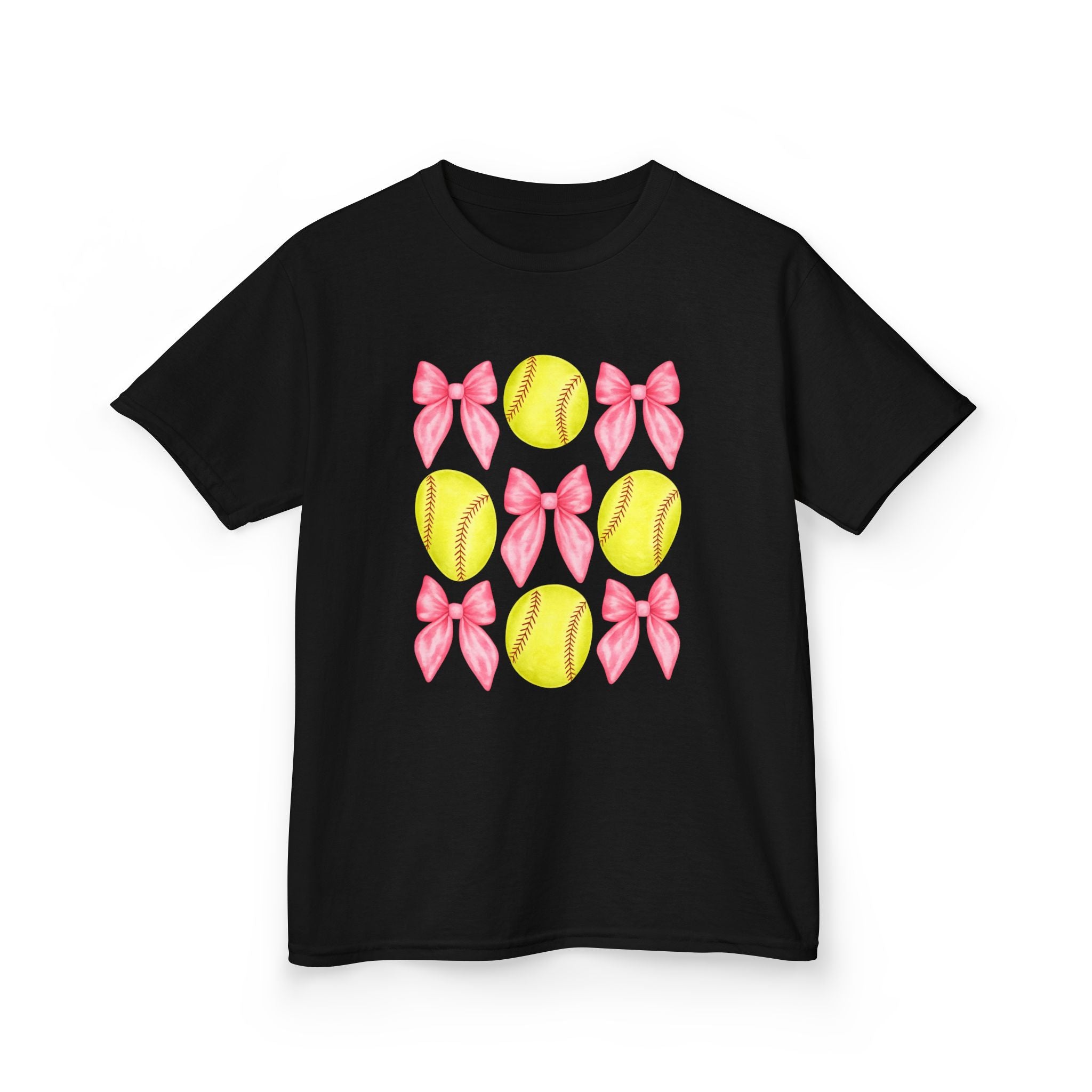 Girls Softball & Bows Kids Tee — Pink Bow Softball Pattern Shirt