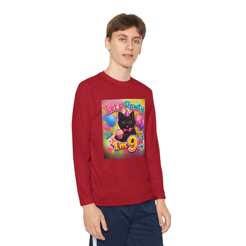 Kids' 9th Birthday Long Sleeve Tee — "Let's Pawty I'm 9!" Cat Birthday Shirt