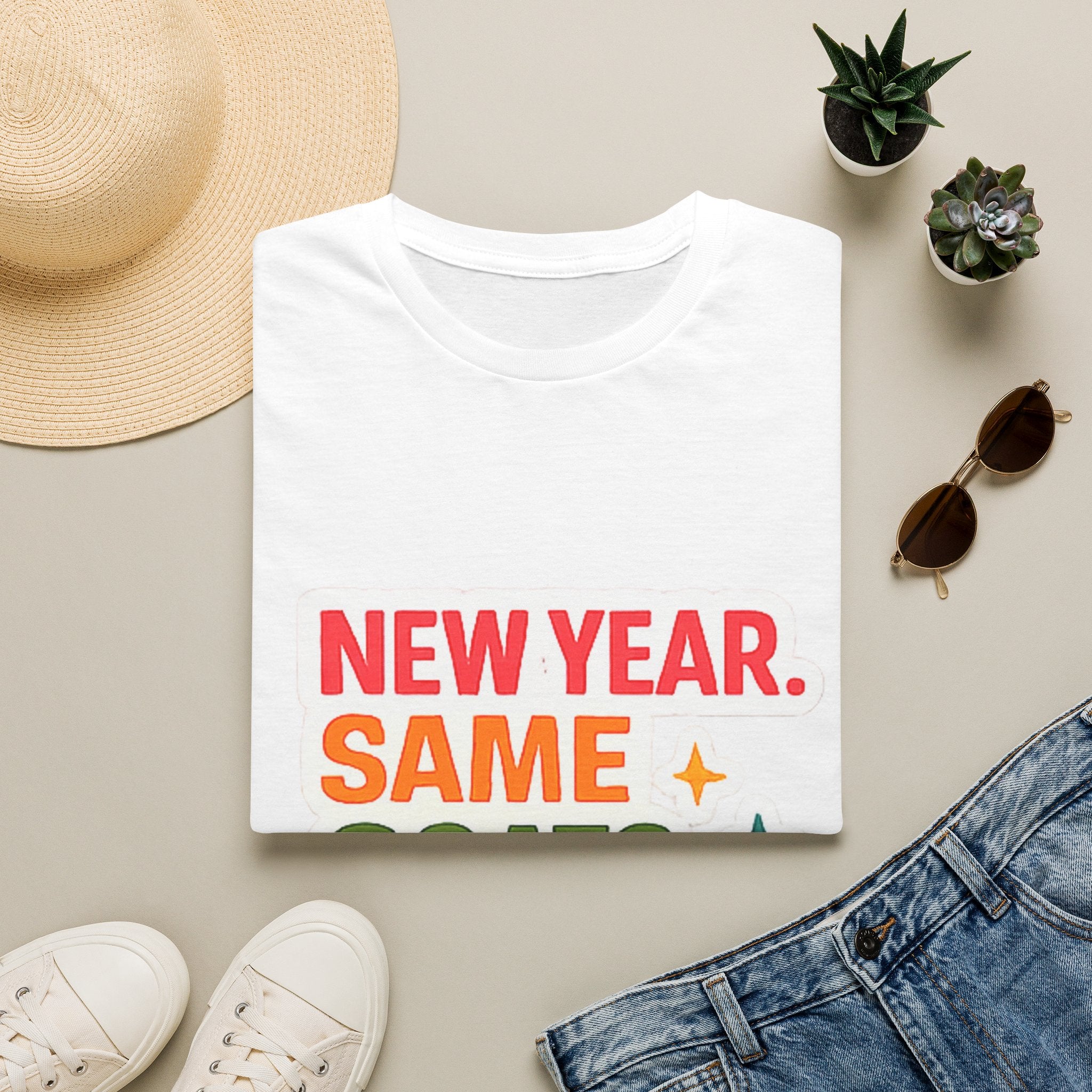 T‑Shirt — "New Year. Same Goats. No Cap." Colorful Graphic Tee for Goat Lovers & Funny New Year Celebrations