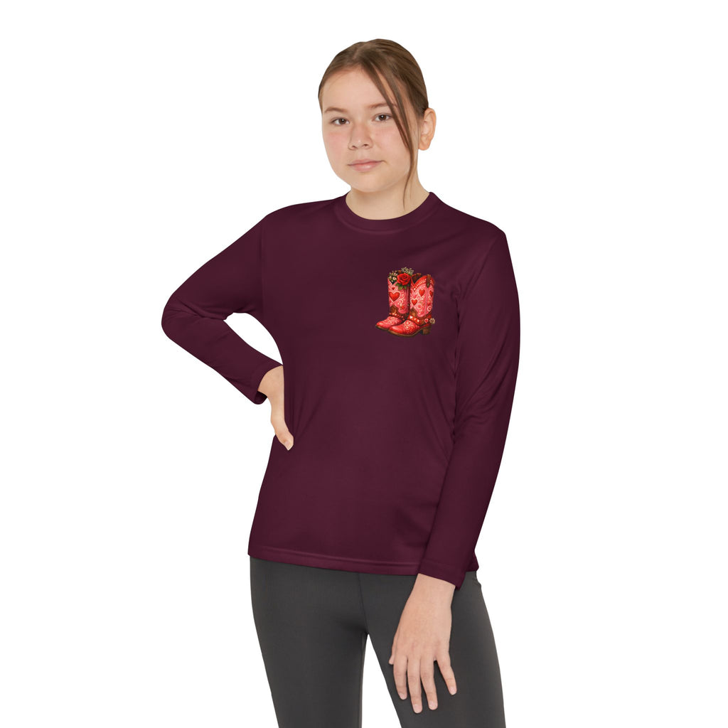 Youth Long Sleeve Tee — “All a Girl Needs is a Right Pair of Boots” Cowboy Boots Graphic
