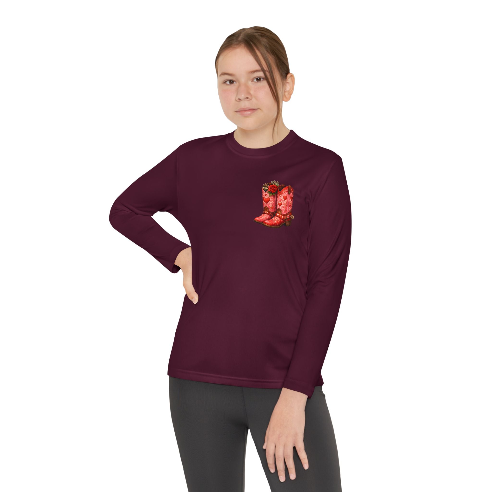 Youth Long Sleeve Tee — “All a Girl Needs is a Right Pair of Boots” Cowboy Boots Graphic