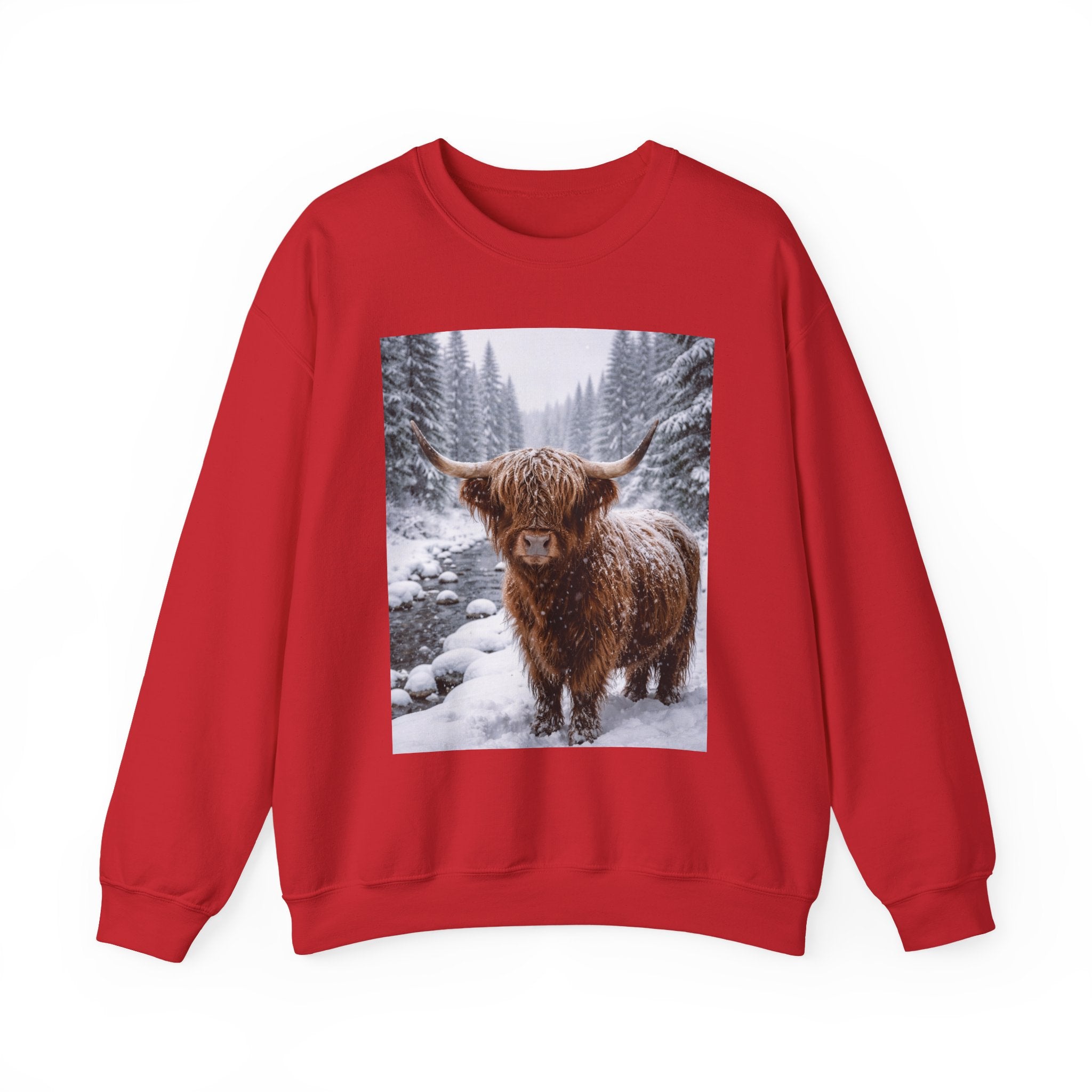 Highland Cow in Snow Crewneck Sweatshirt - Cozy Winter Forest Highlander Graphic