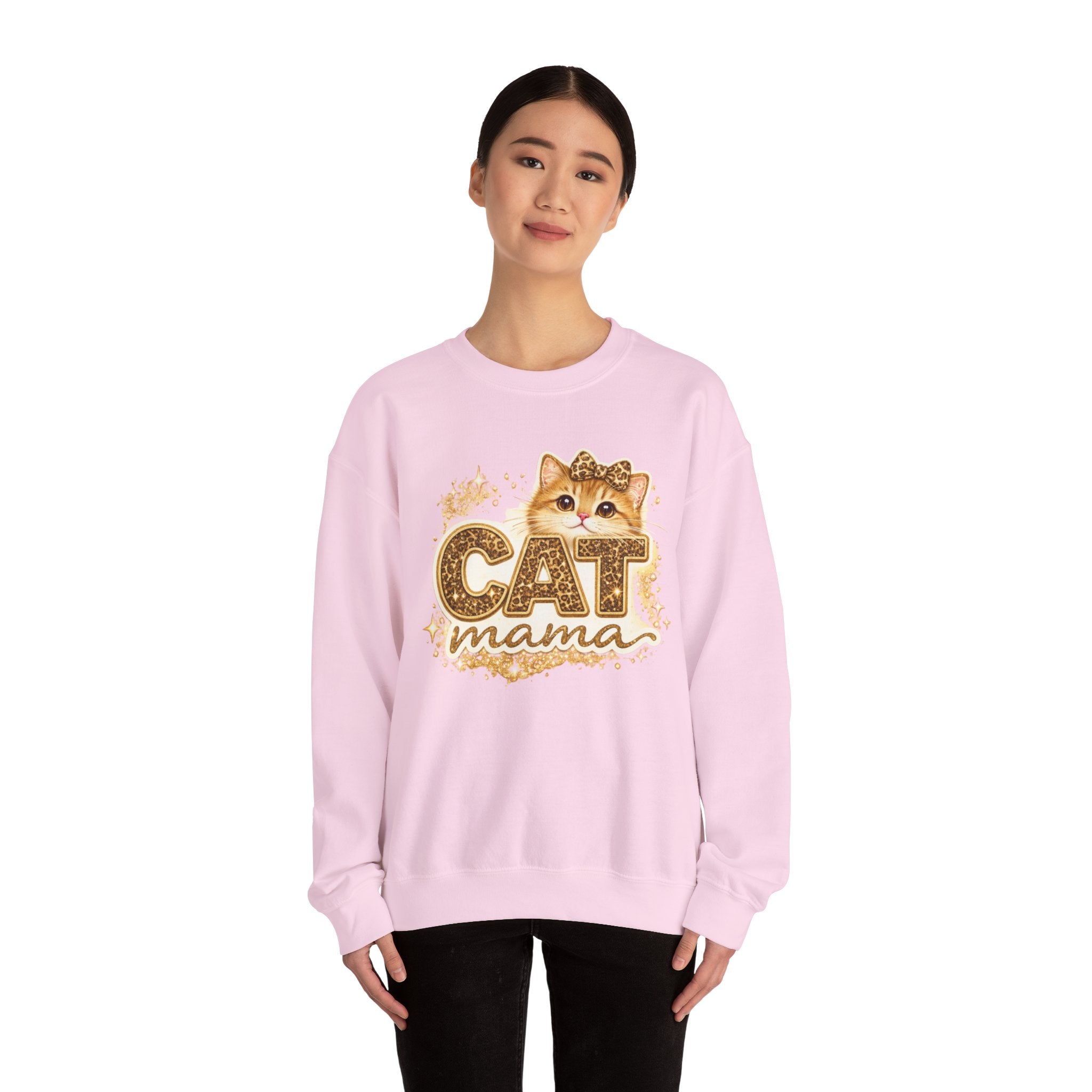 Cat Mama Crewneck Sweatshirt – Cute Gold Glitter Cat Graphic