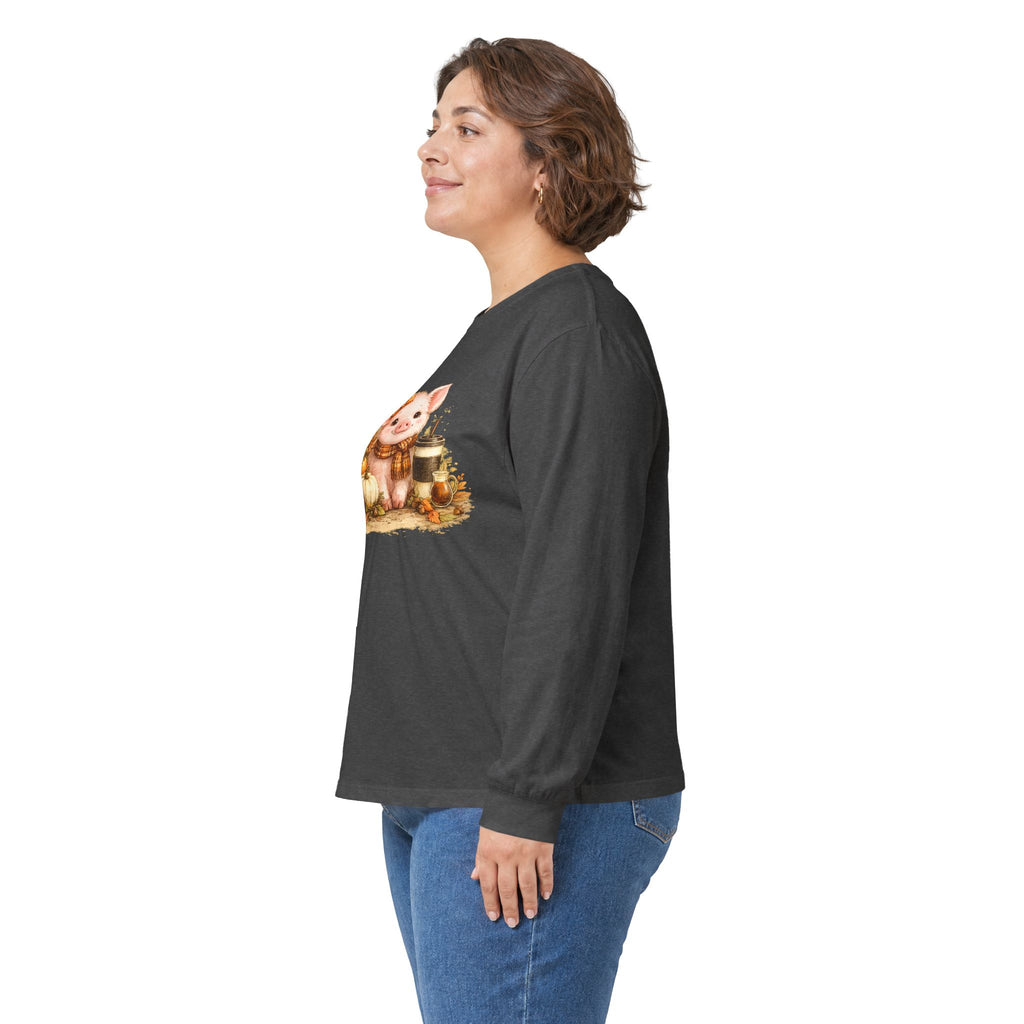 Long Sleeve Tee — Cute Fall Pig with Pumpkins & Sunflower Autumn Graphic