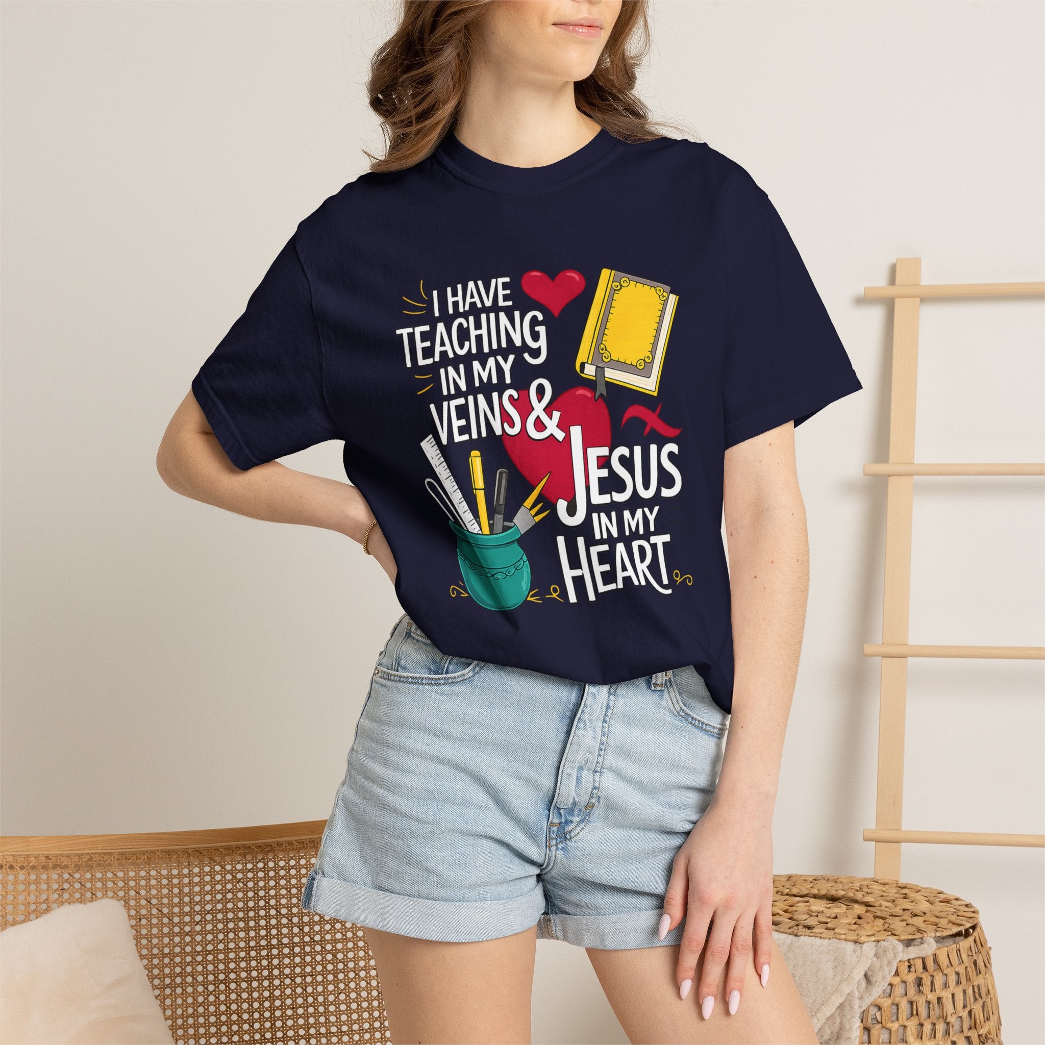 Christian Teacher T-Shirt - "I Have Teaching in My Veins & Jesus in My Heart" Garment-Dyed Tee