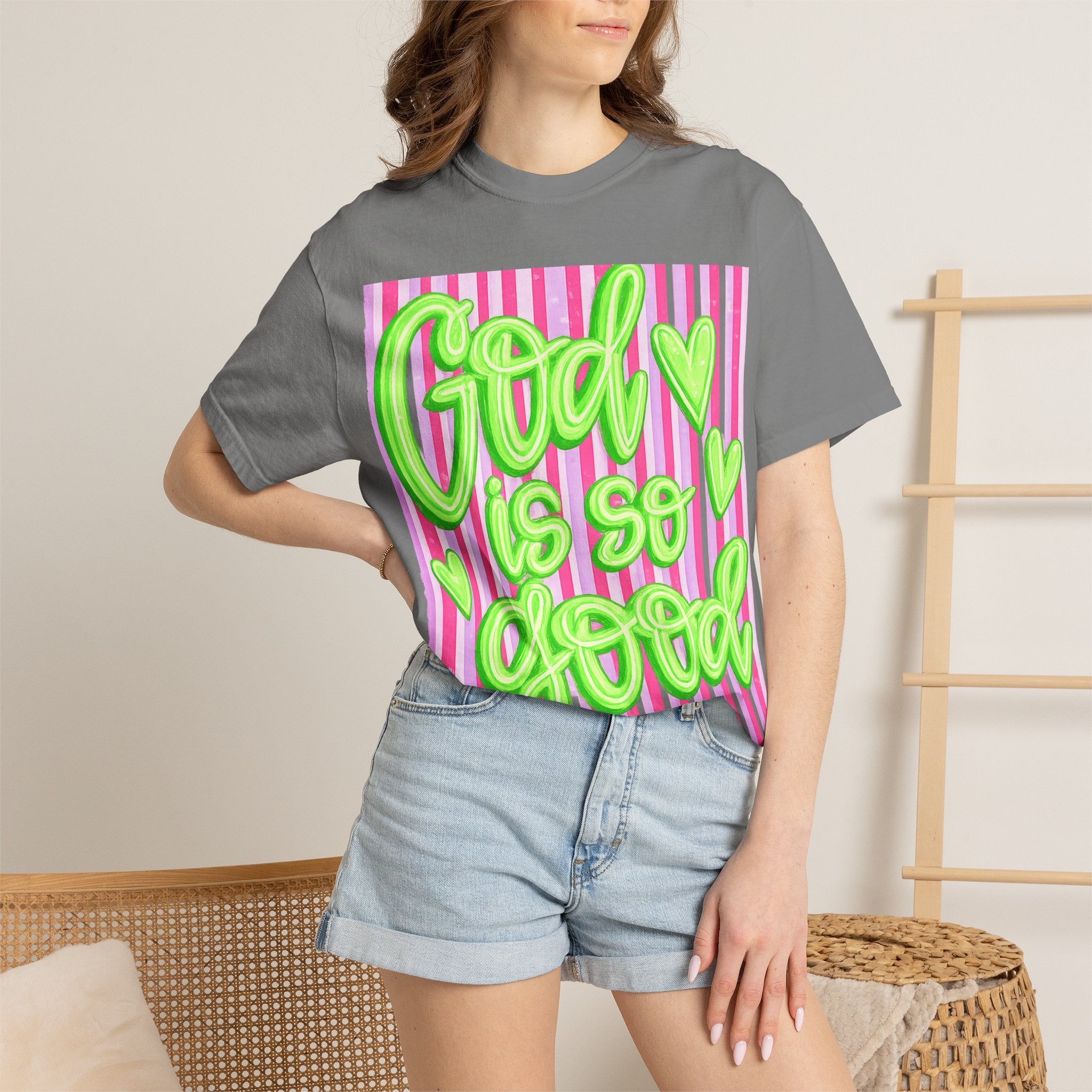 God Is So Good T-Shirt — Neon Green Script on Pink Stripe Christian Tee