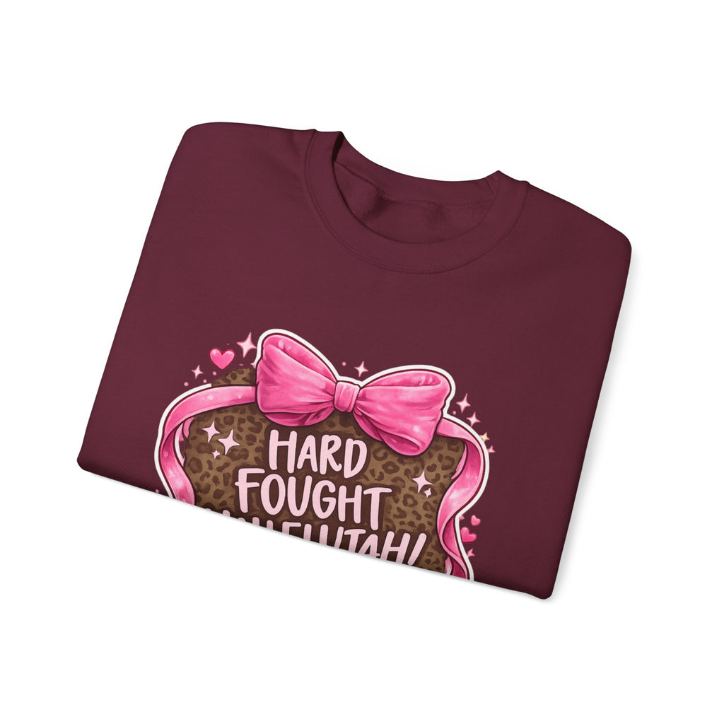 Crewneck Sweatshirt — "Hard Fought Hallelujah" Heart Graphic (Pink Bow, Leopard Print)
