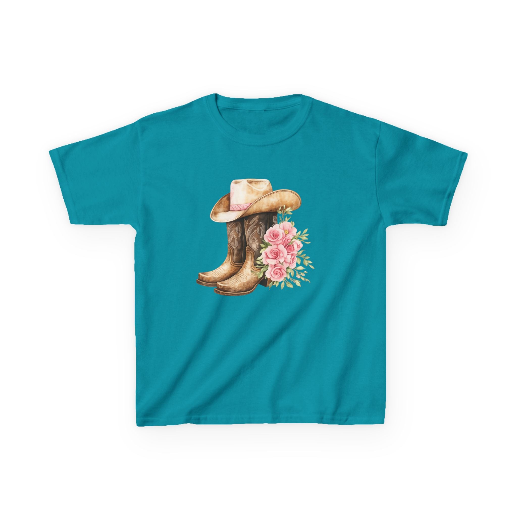 Kids Western Tee — Cowboy Hat & Boots with Pink Floral Design