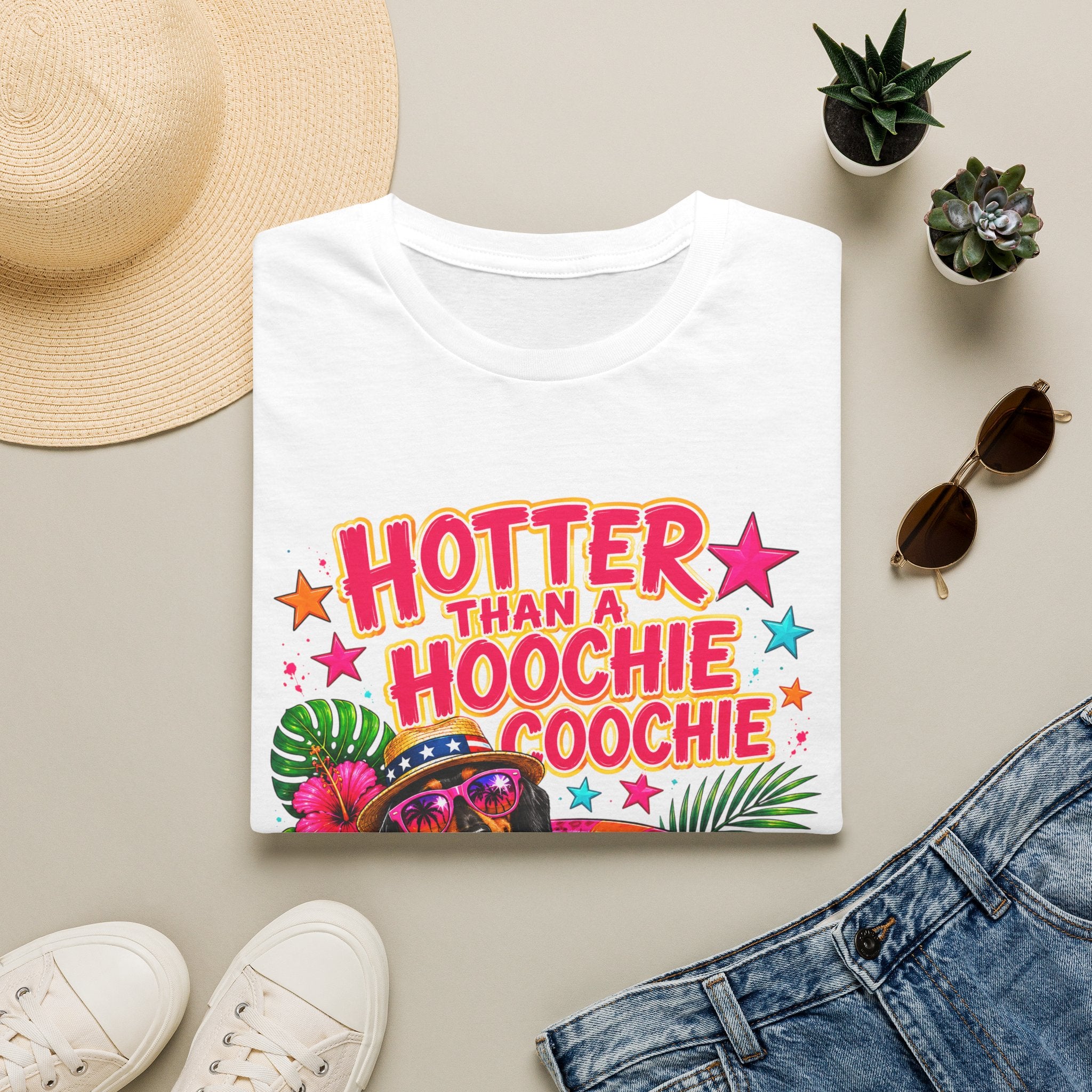 T-Shirt — "Hotter Than A Hoochie Coochie" Bright Retro Summer Graphic