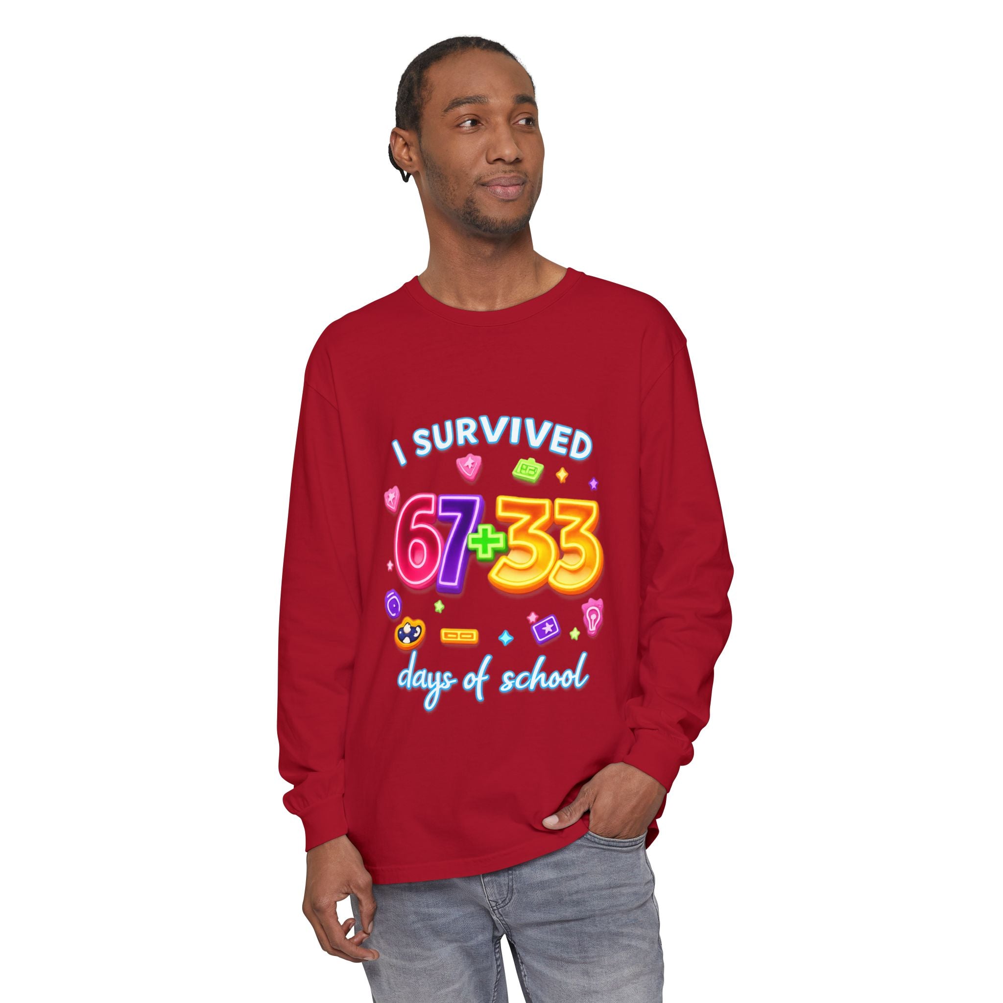 Long Sleeve T‑Shirt "I Survived 67+33 Days of School" — Cute Colorful End‑of‑School Celebration Tee