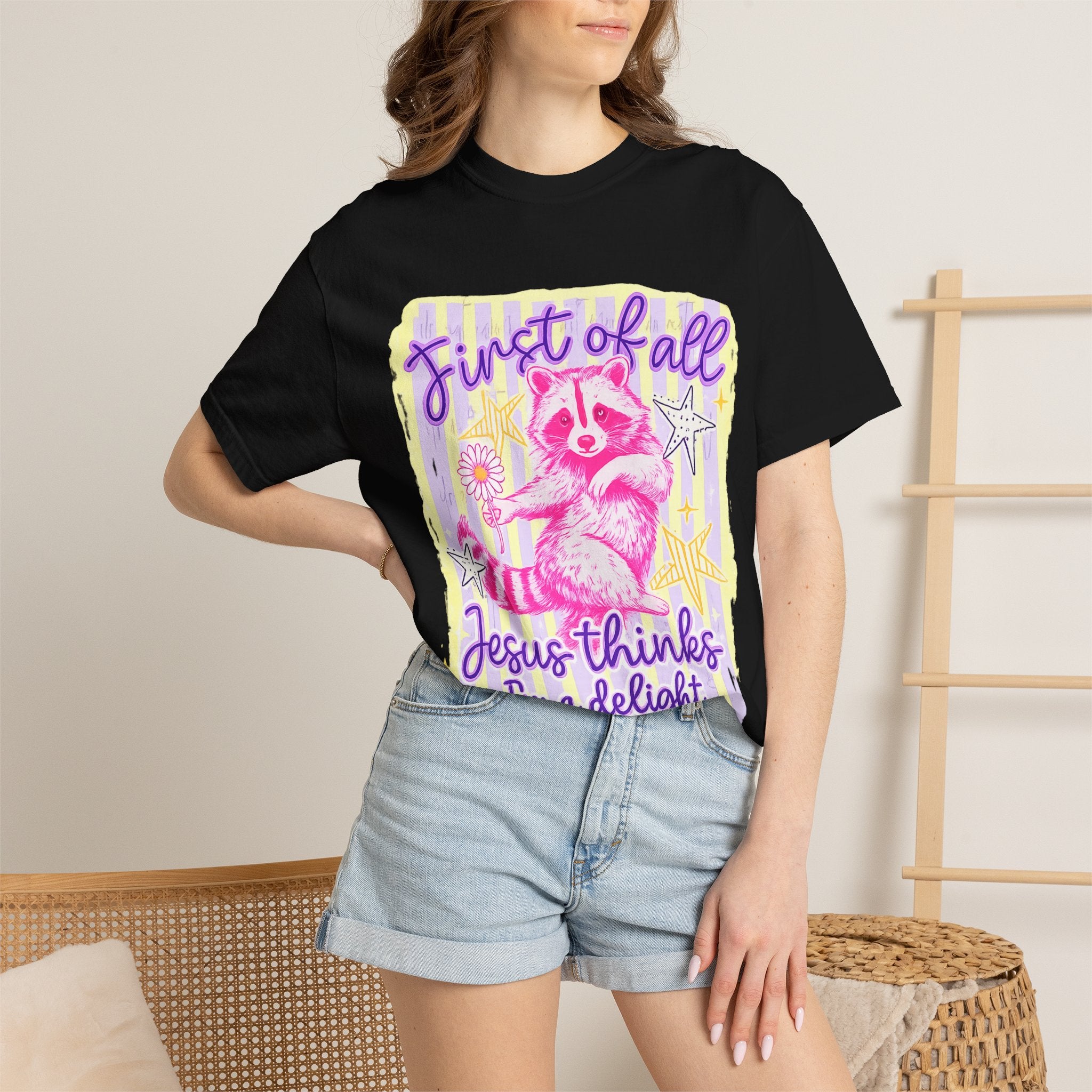 Raccoon Graphic T-Shirt — "First of All Jesus Thinks I’m a Delight" Christian Vintage Style Tee