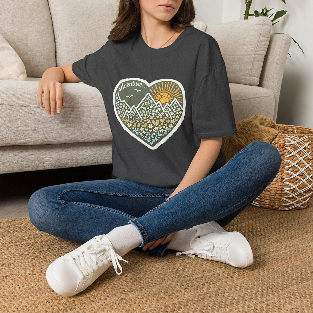 Adventure Heart Mountain T‑Shirt — Sunrise Nature Graphic Tee for Hikers & Outdoor Lovers