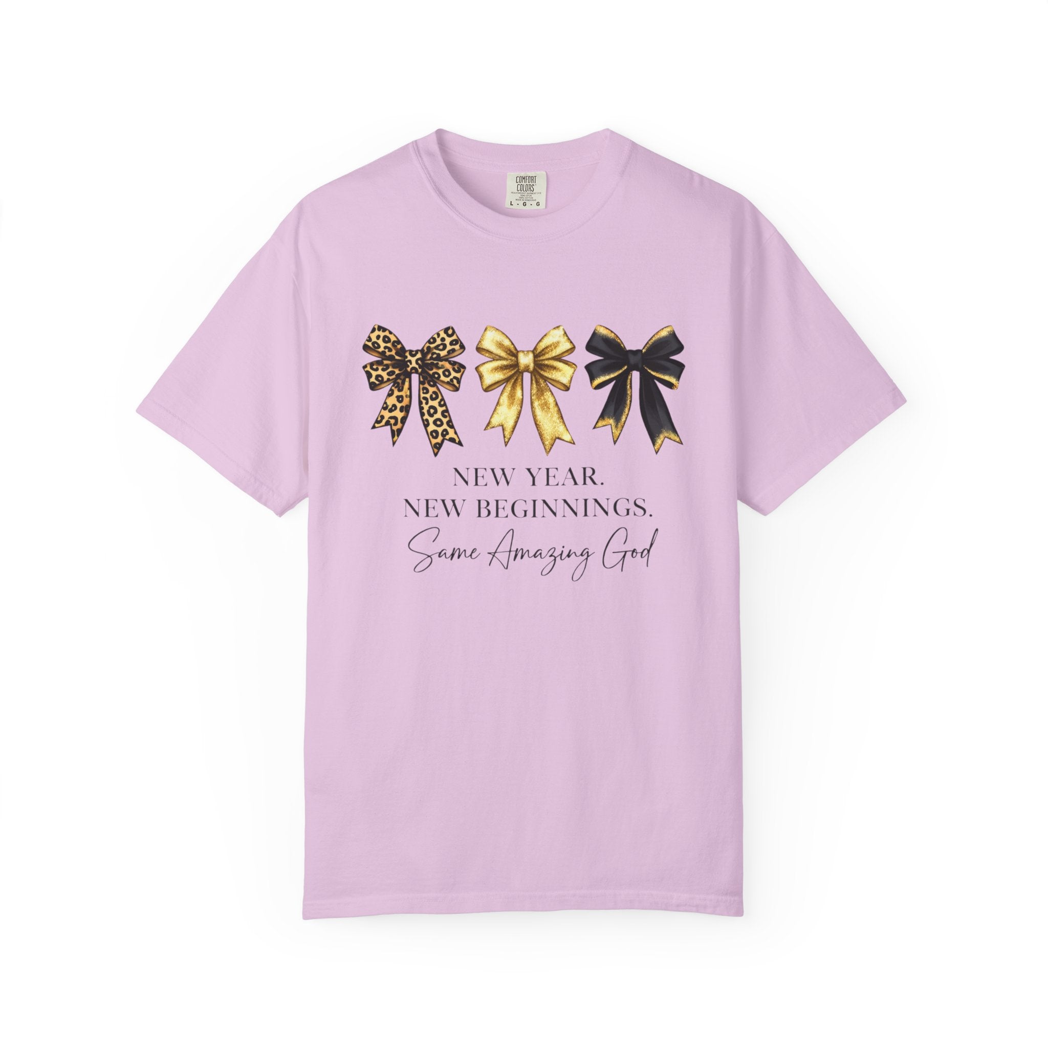 T-Shirt — "New Year, New Beginnings" Gold & Black Bow Graphic Tee