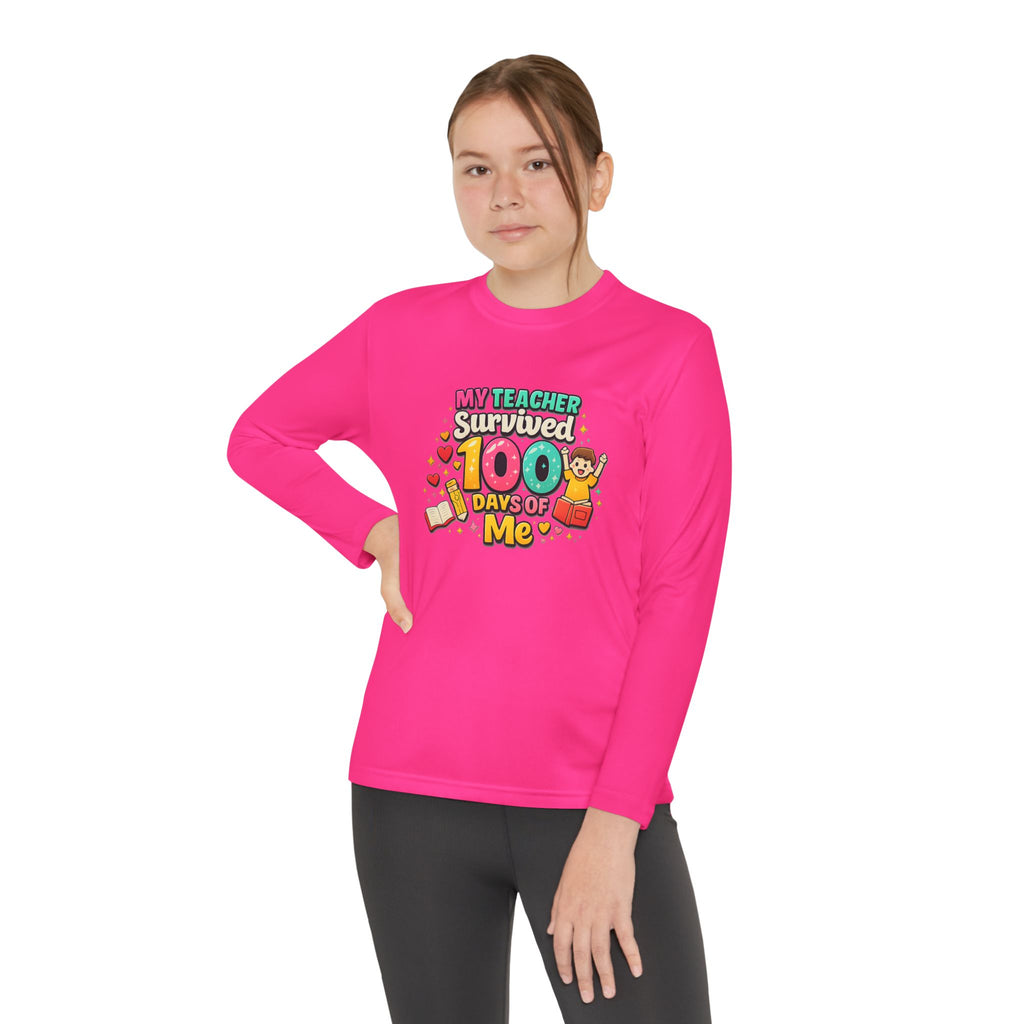Kids Long Sleeve Tee — “My Teacher Survived 100 Days of Me” Colorful Celebration Shirt