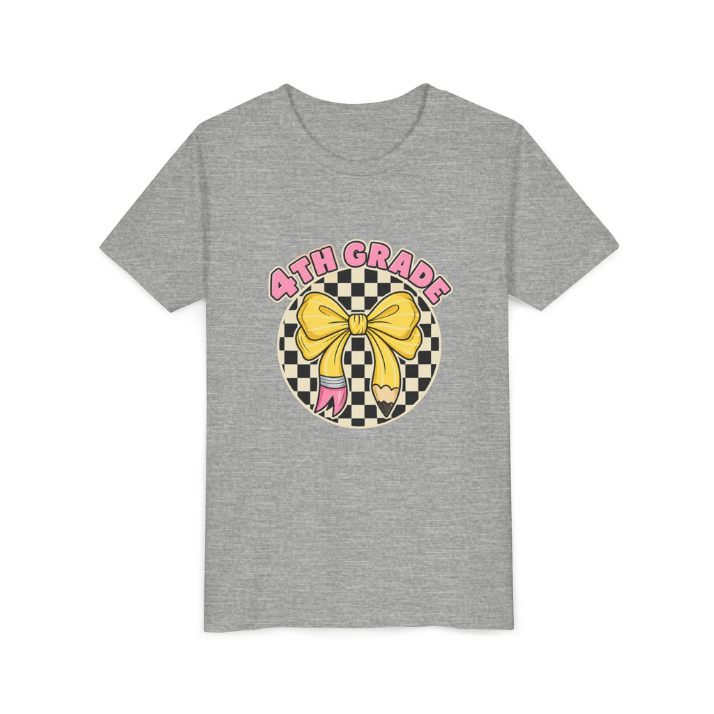 4th Grade Youth Tee — Cute Checkerboard Bow Back-to-School Shirt