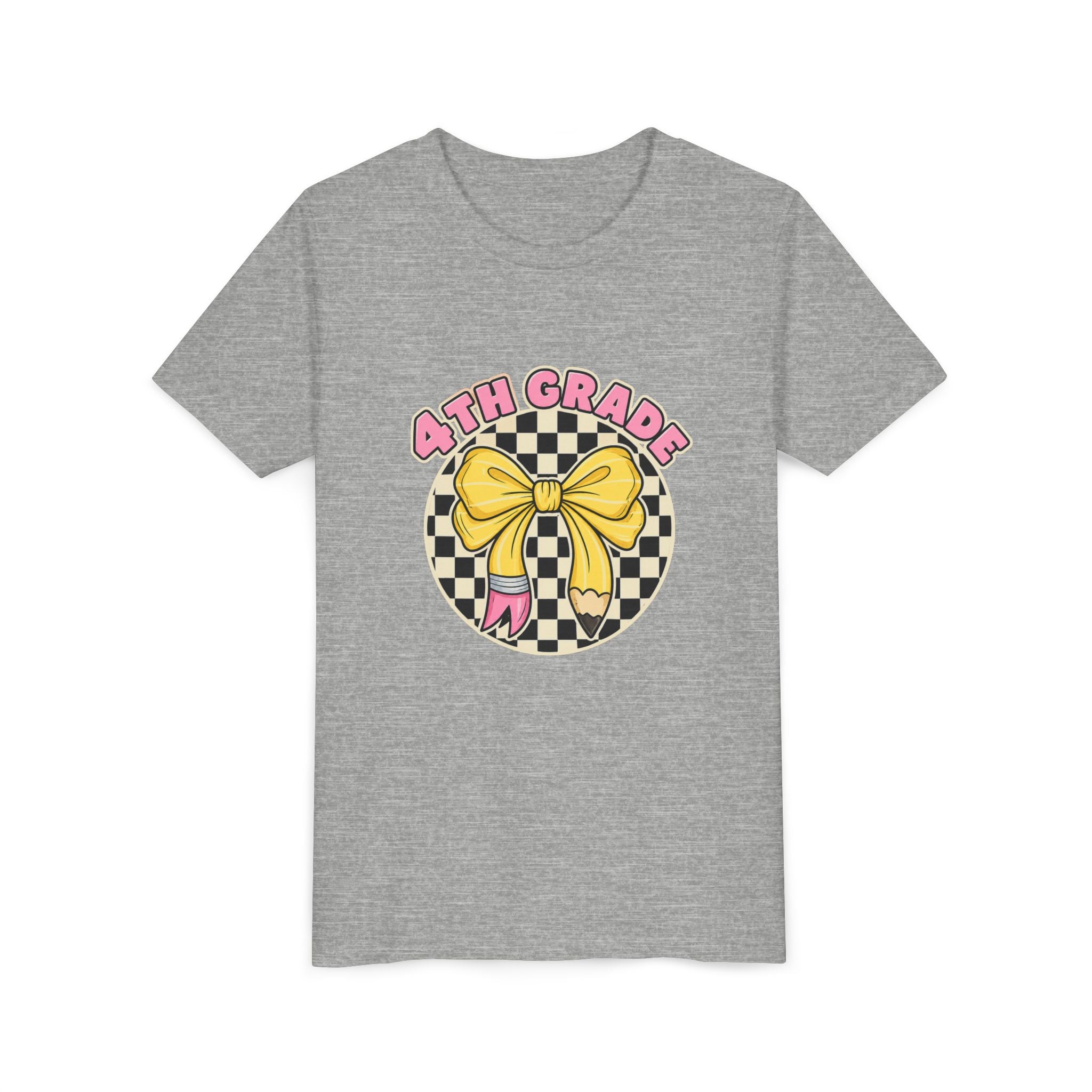 4th Grade Youth Tee — Cute Checkerboard Bow Back-to-School Shirt