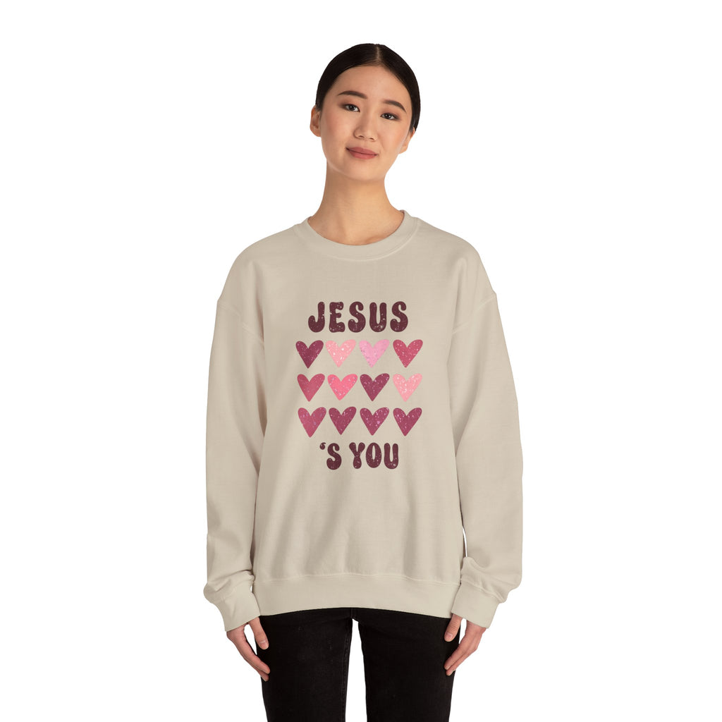 Crewneck Sweatshirt — "Jesus Loves You" Pink Heart Graphic