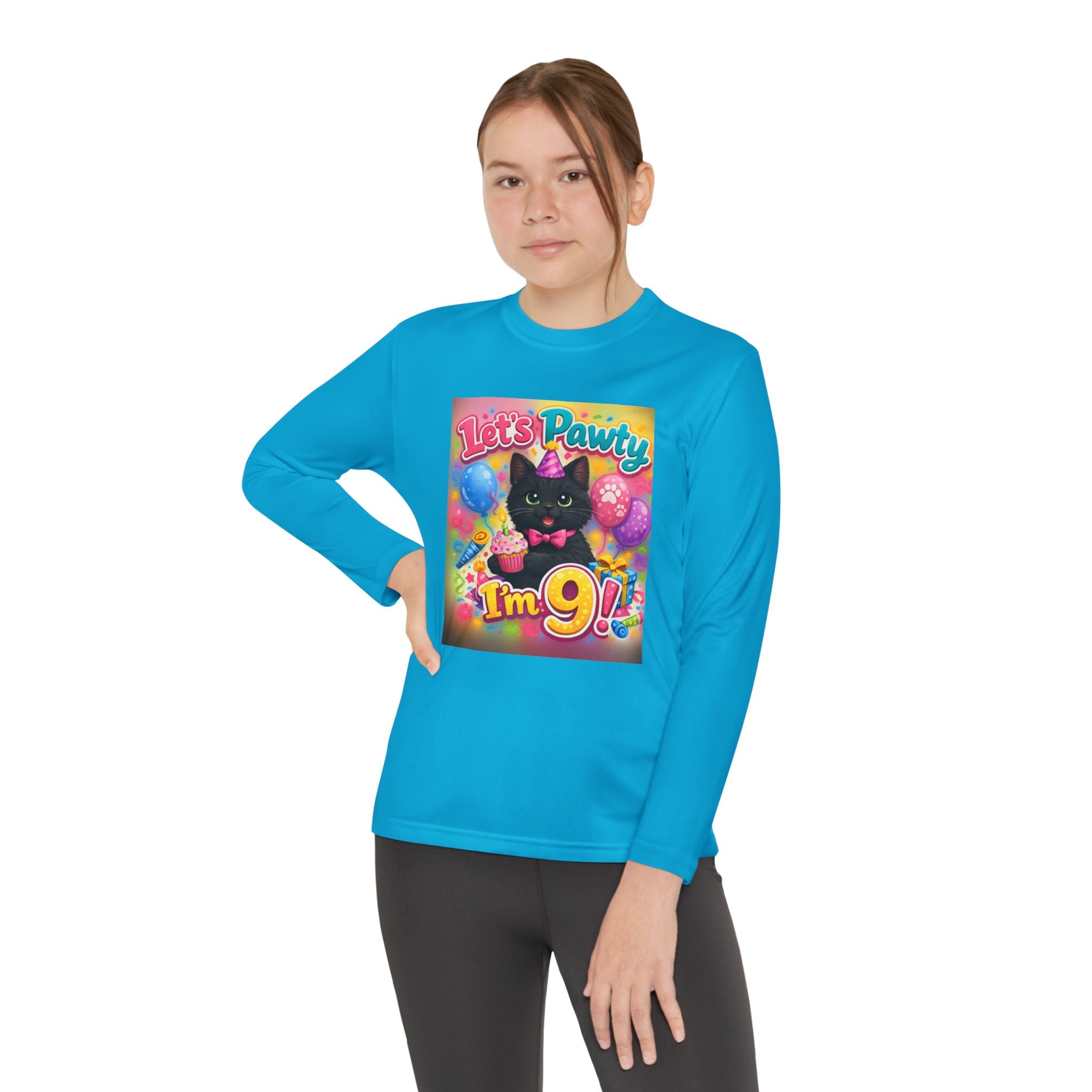 Kids' 9th Birthday Long Sleeve Tee — "Let's Pawty I'm 9!" Cat Birthday Shirt