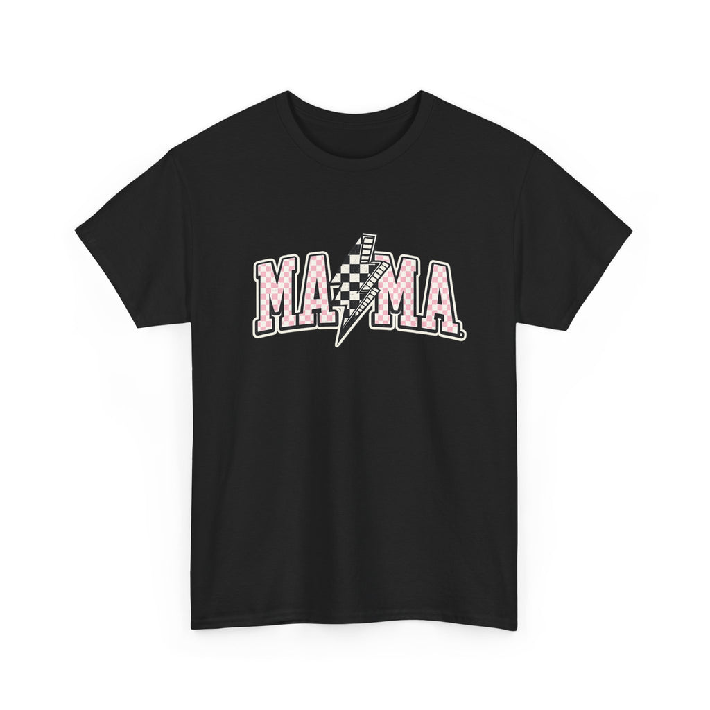 Mama Lightning Bolt Graphic Tee — Pink Checkered "MAMA" Shirt