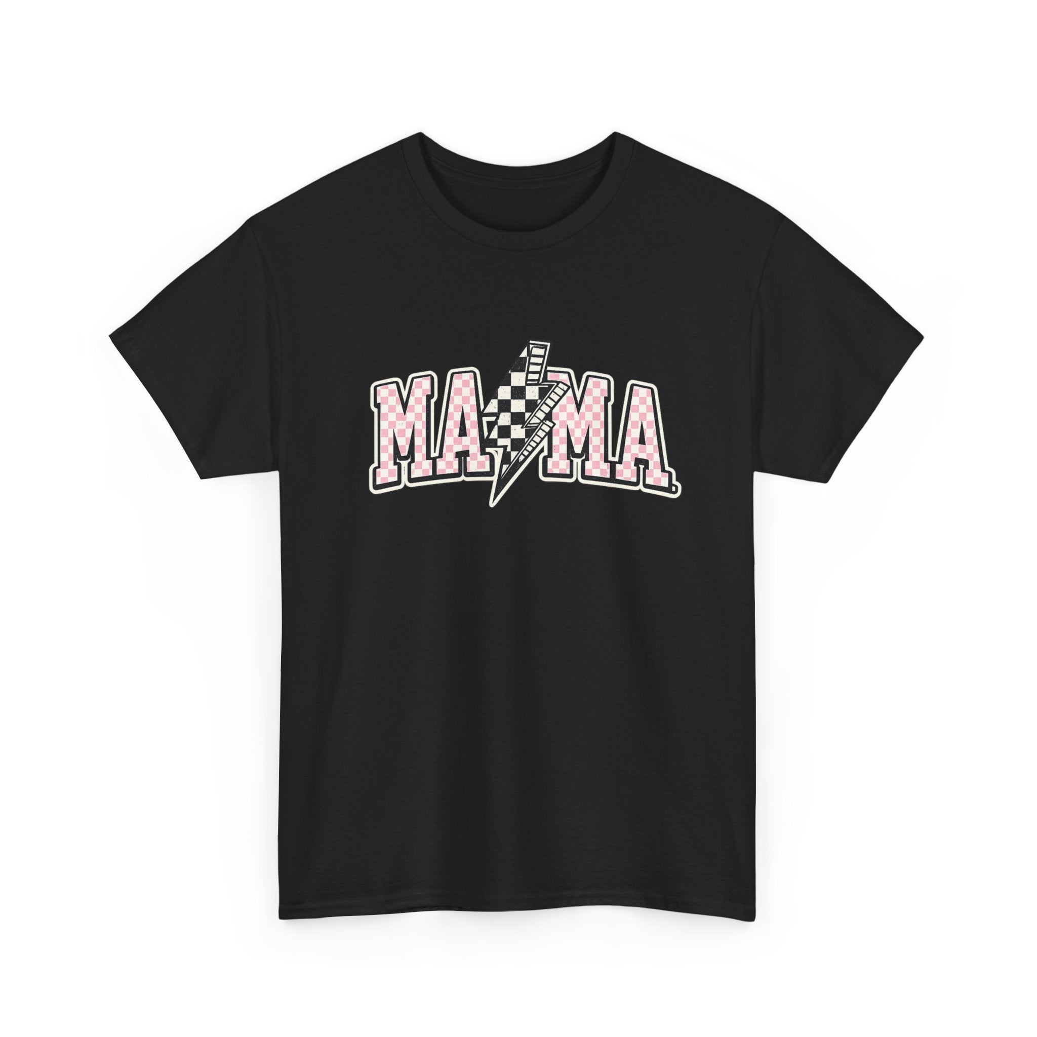 Mama Lightning Bolt Graphic Tee — Pink Checkered "MAMA" Shirt