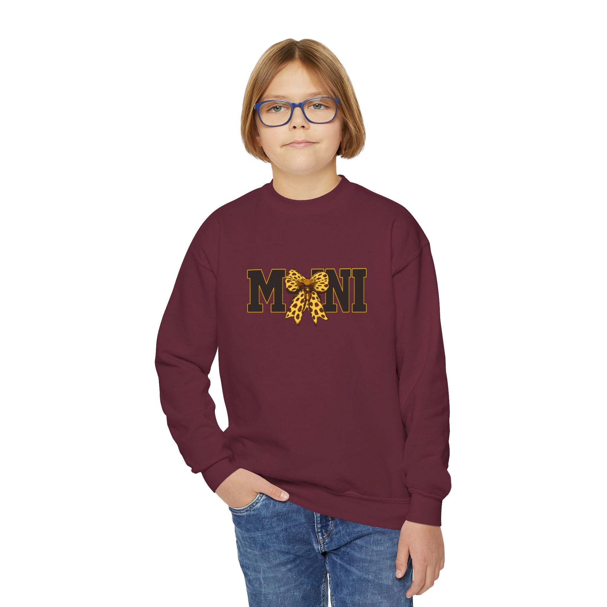 Youth 'Mini' Crewneck Sweatshirt — Leopard Bow Graphic