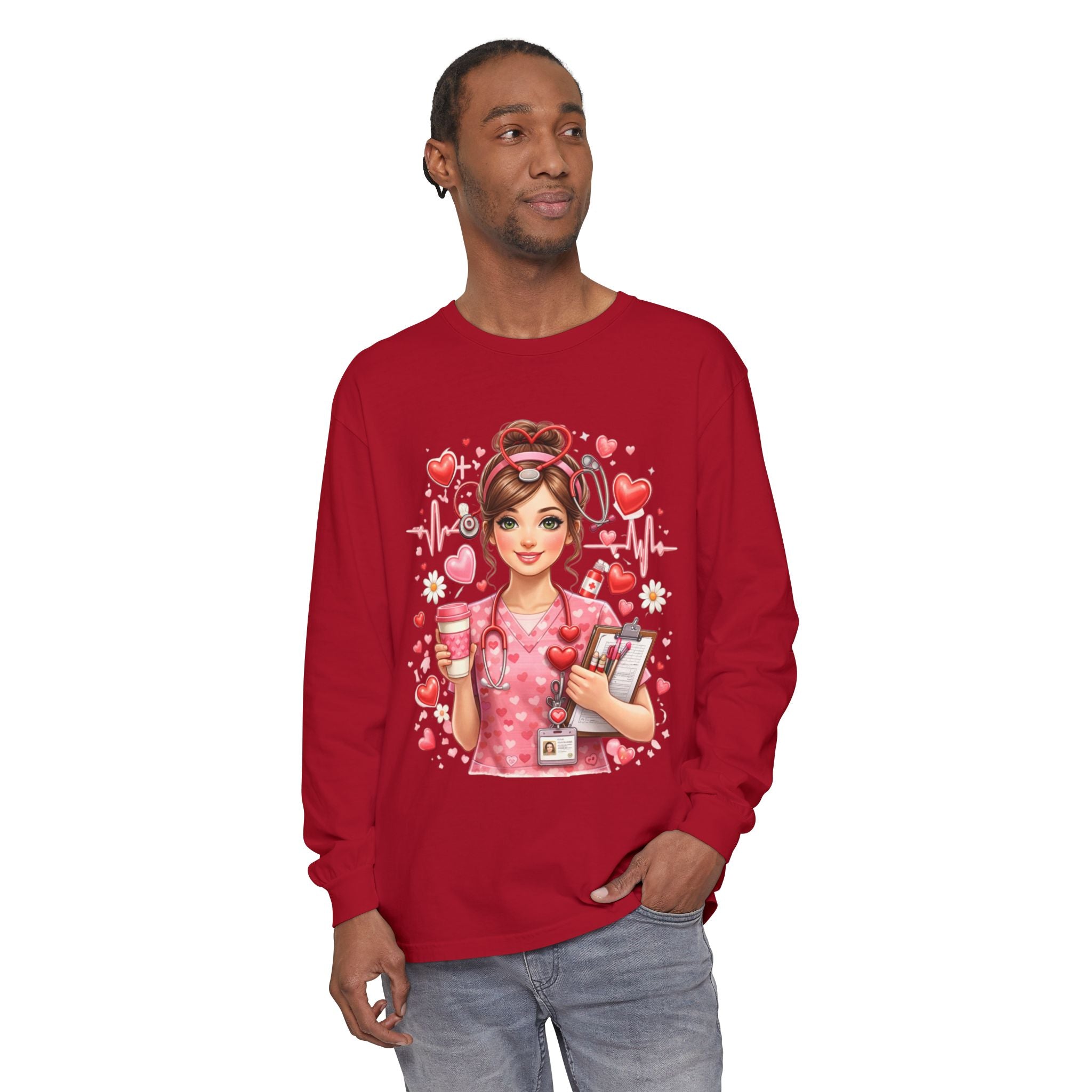 Nurse Love Long Sleeve T-Shirt — Cute Heartbeat Healthcare Graphic