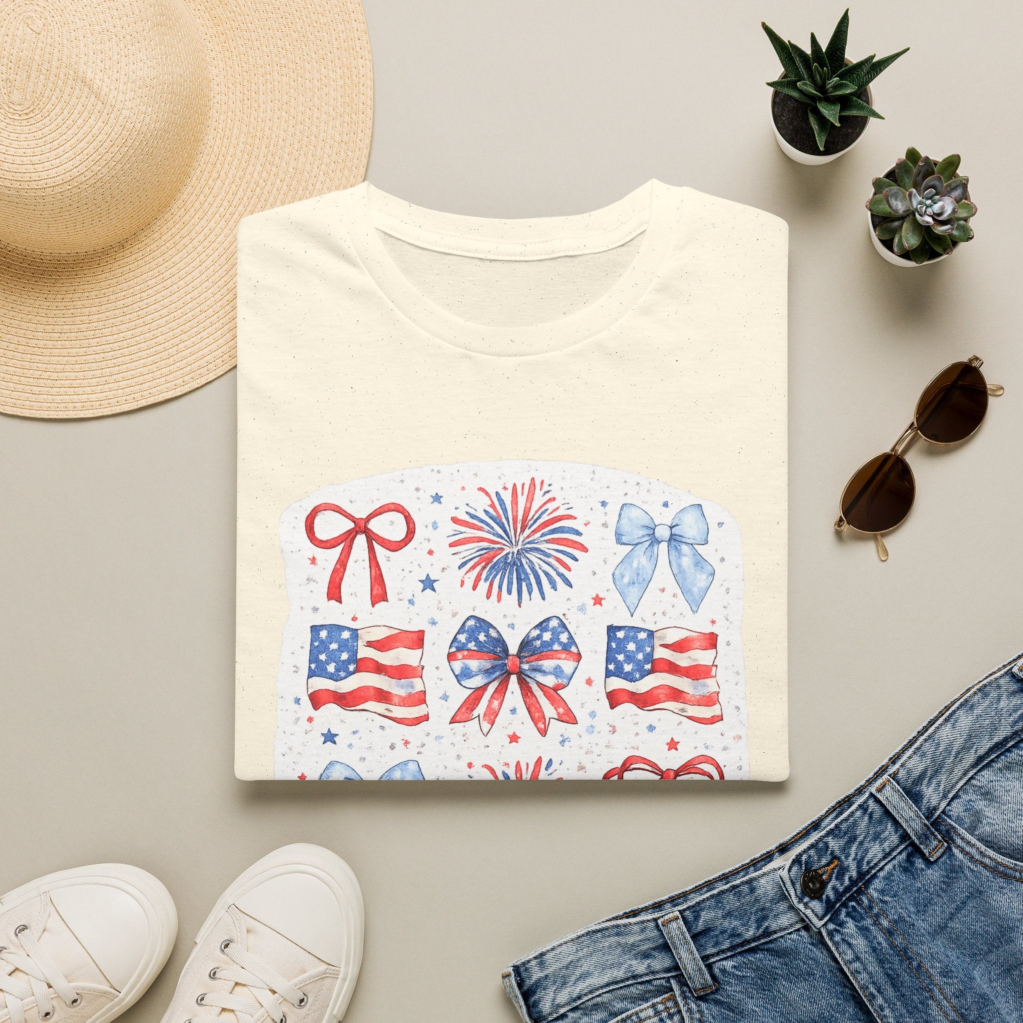 Patriotic 4th of July T-Shirt — USA Flag Bows & Fireworks Design