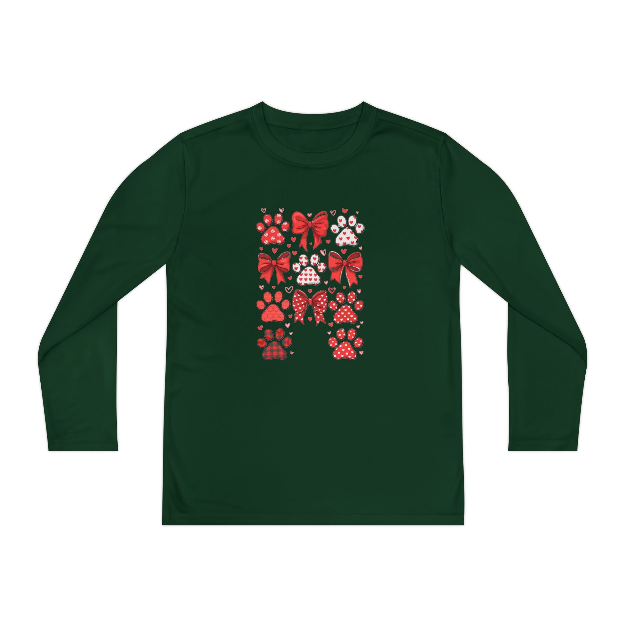 Youth Long Sleeve Tee - Red Paw & Bow Valentine Animal Print