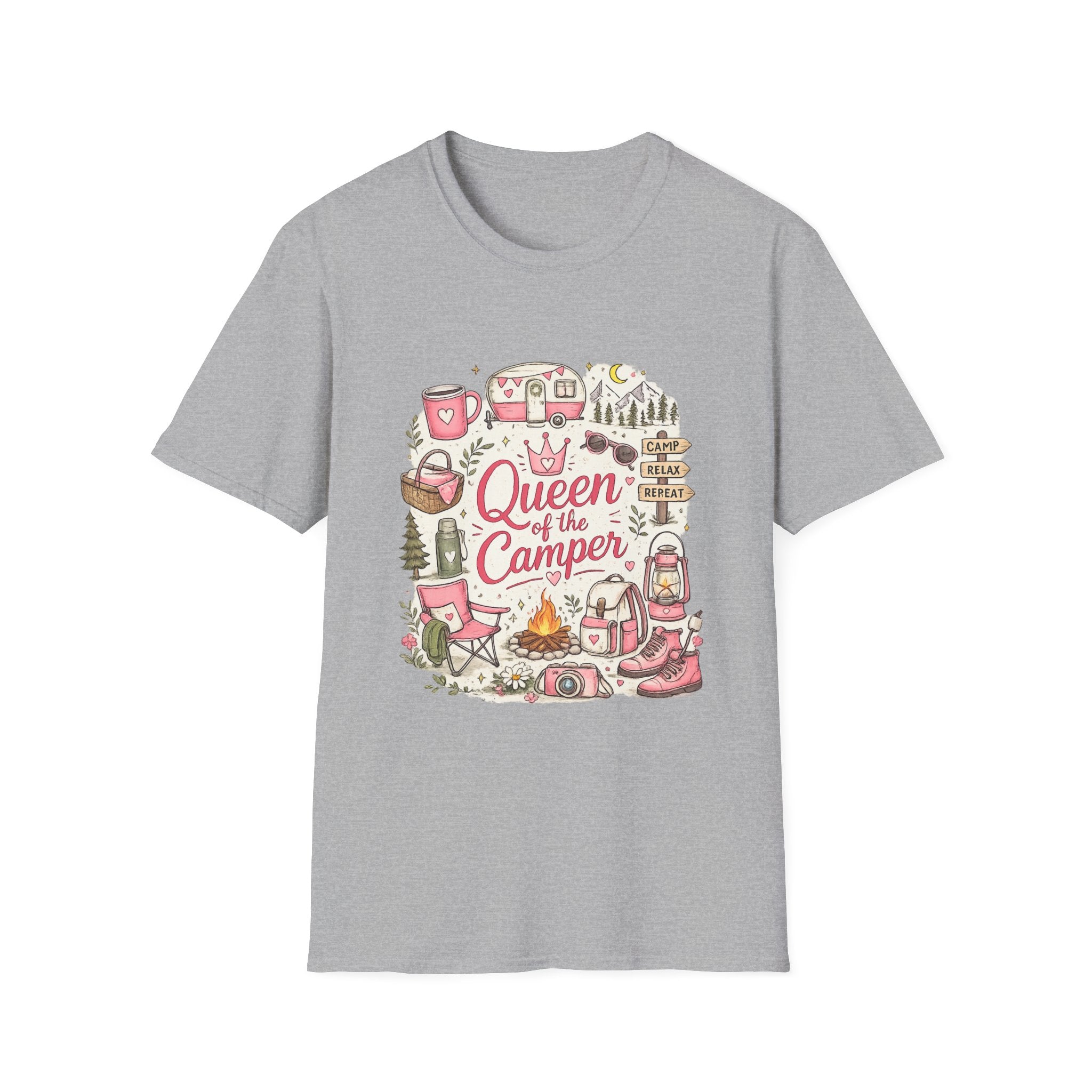 Queen of the Camper T-Shirt — Cute Pink Camping RV Graphic Tee for Women