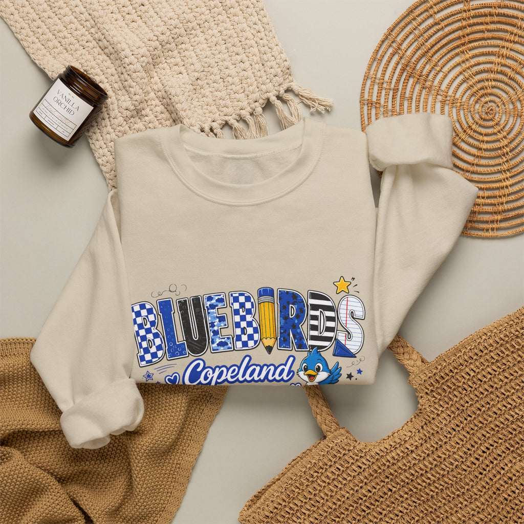 Blueires Copeland Crewneck Sweatshirt — Retro Blue Mascot School Spirit Pullover